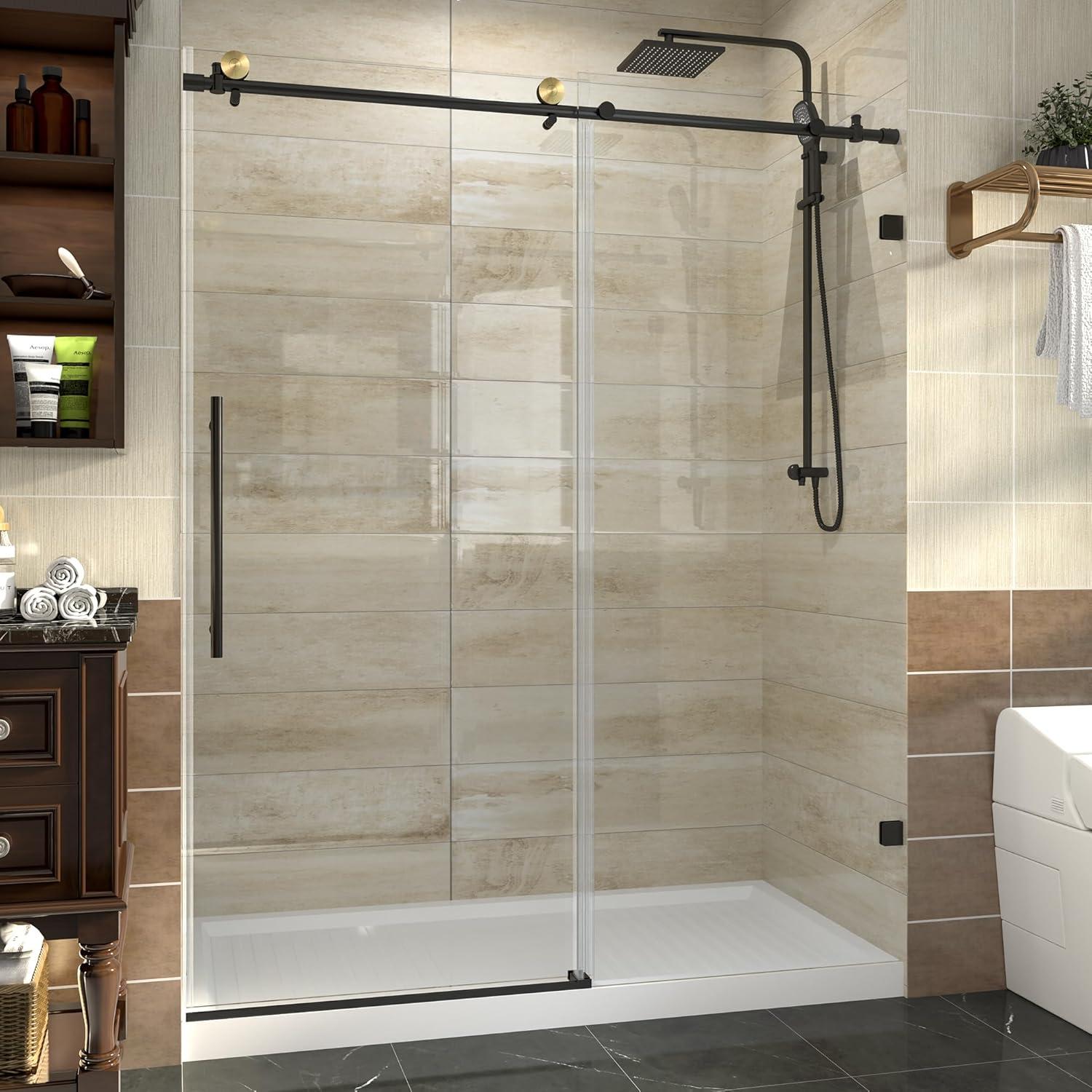 Matte Black Frameless Sliding Shower Door with Clear Glass