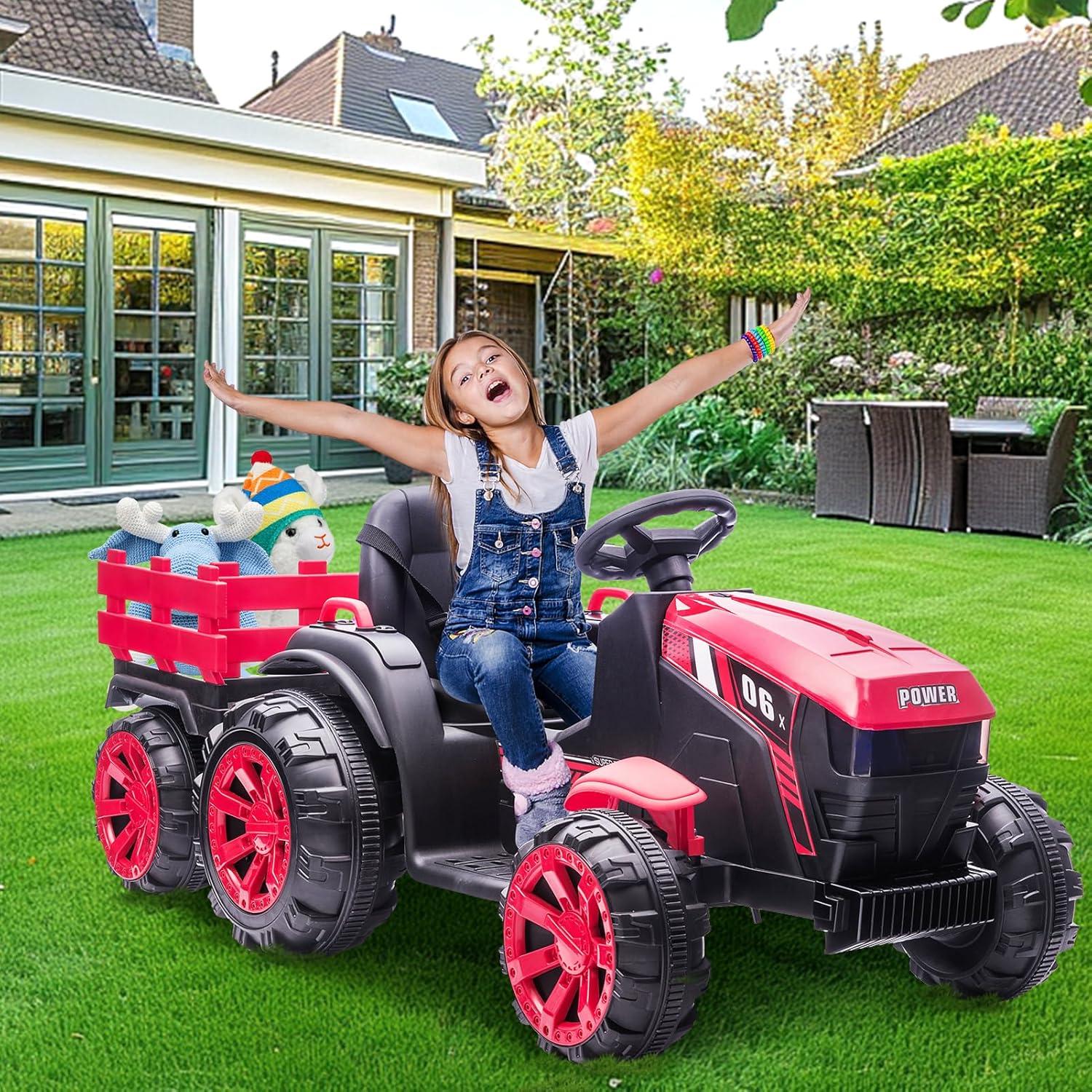 12V Kids Ride On Tractor with Trailer Battery Powered Electric Vehicles Toy