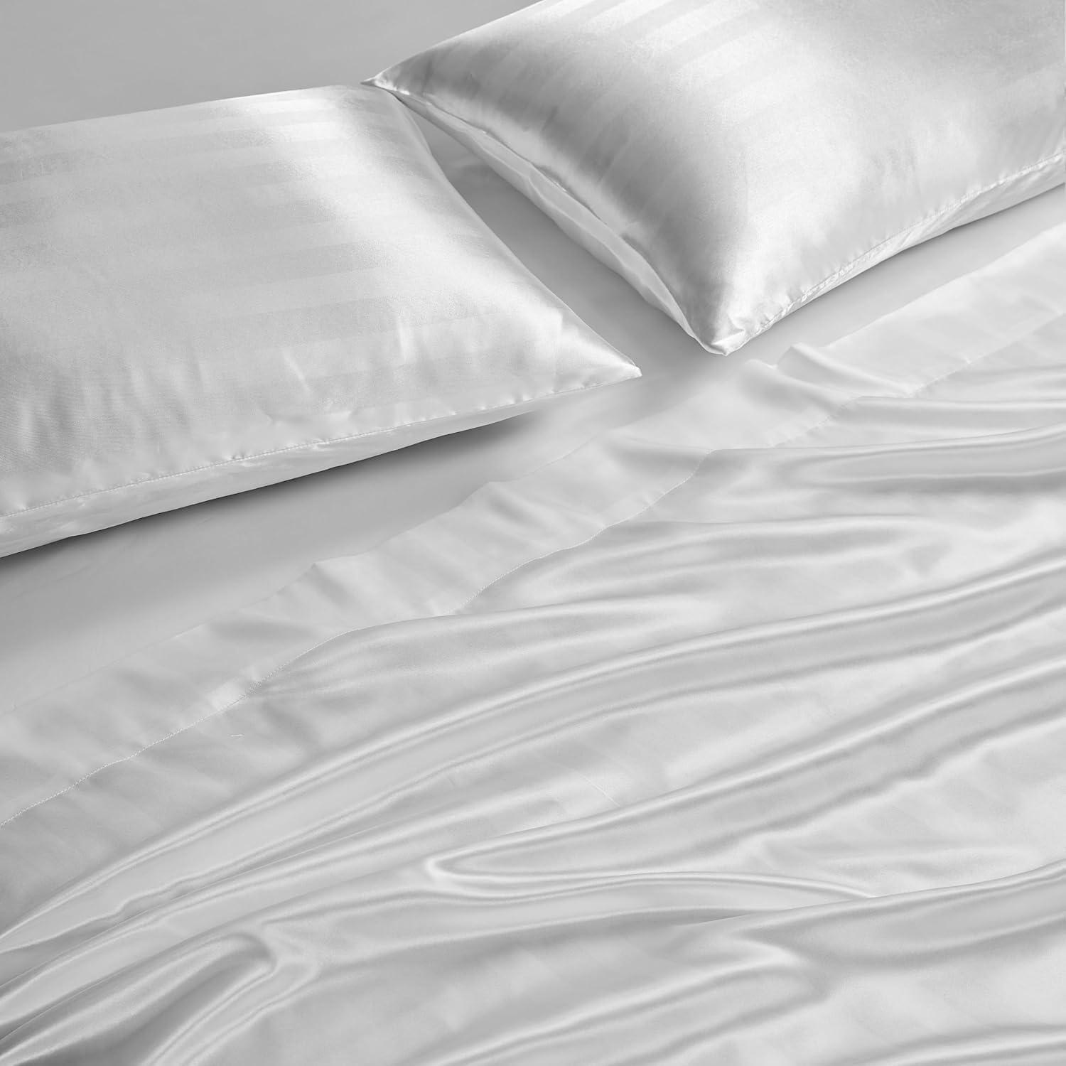 Brilliant White Satin Damask Twin XL Microfiber Sheet Set