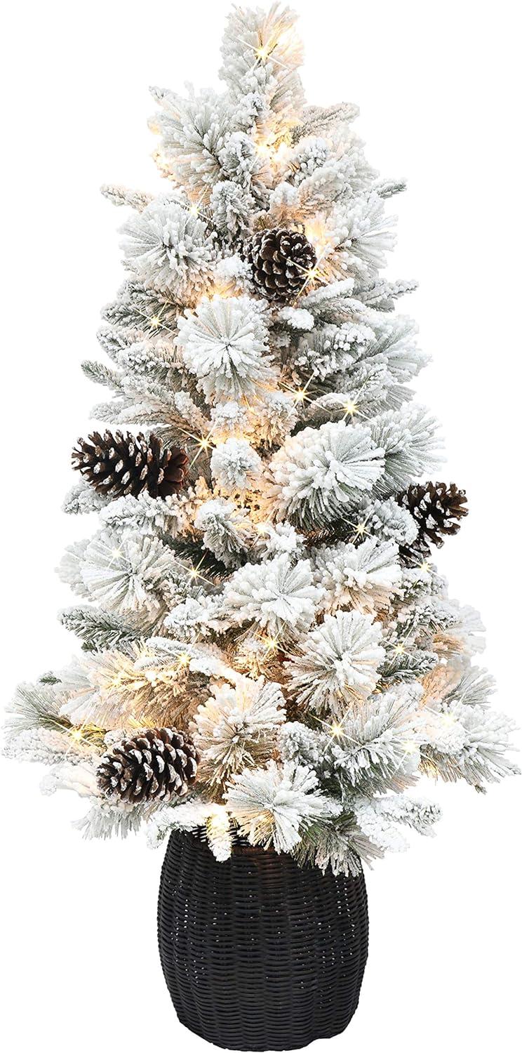 4.5 ft Pre-lit White Flocked Potted Christmas Tree with Lights