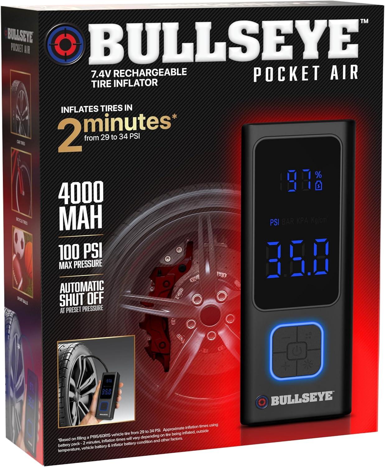 Bullseye Pocket Air Tire Inflator 4000mAH Rechargeable Electric Air Compressor Portable Pump