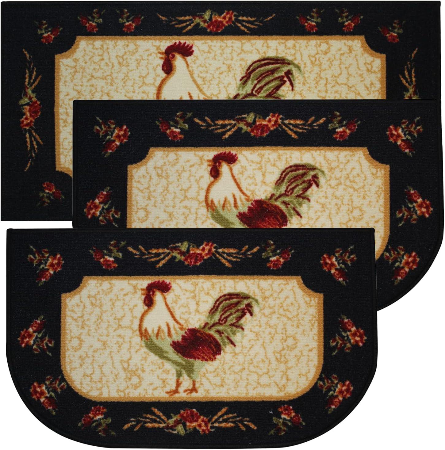 Kashi Home Kitchen Rug, Printed Area Rug, Durable Floor, Door Mat, Farmhouse Non-Slip Carpet Latex Backing Beautiful Design Rooster 3pc Set (2 18x30 D Shape & 1 20x40)
