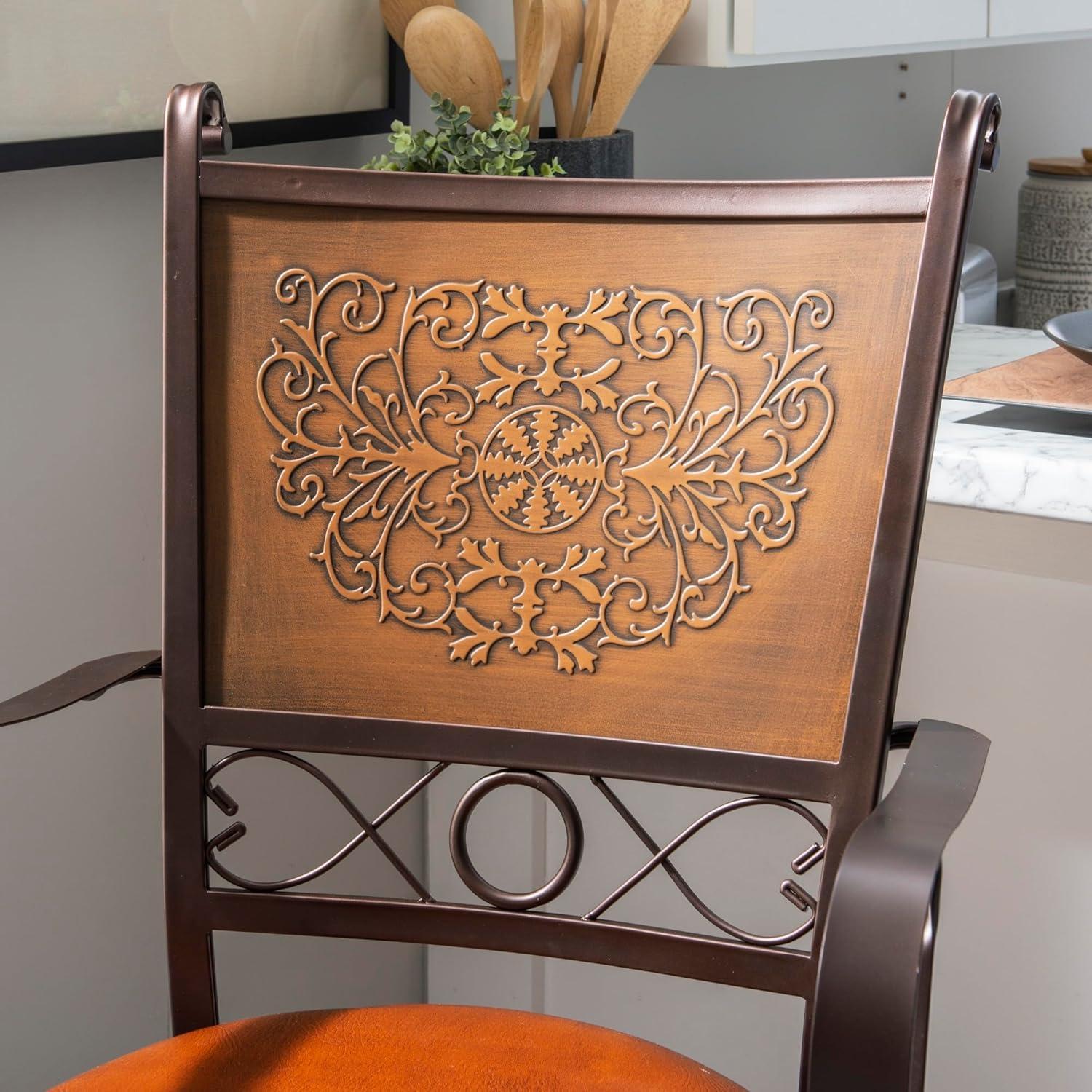 Powell Beatrix Big & Tall 30" High Back Indoor Copper Stamped Round Metal Bar Stool wth Swivel, Bronze/Warm Rust Faux Leather