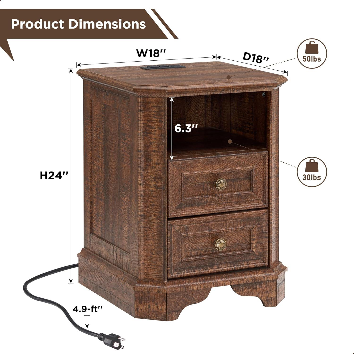 Brown Rustic Oak 18" Nightstand with Charging Station and 2 Drawers