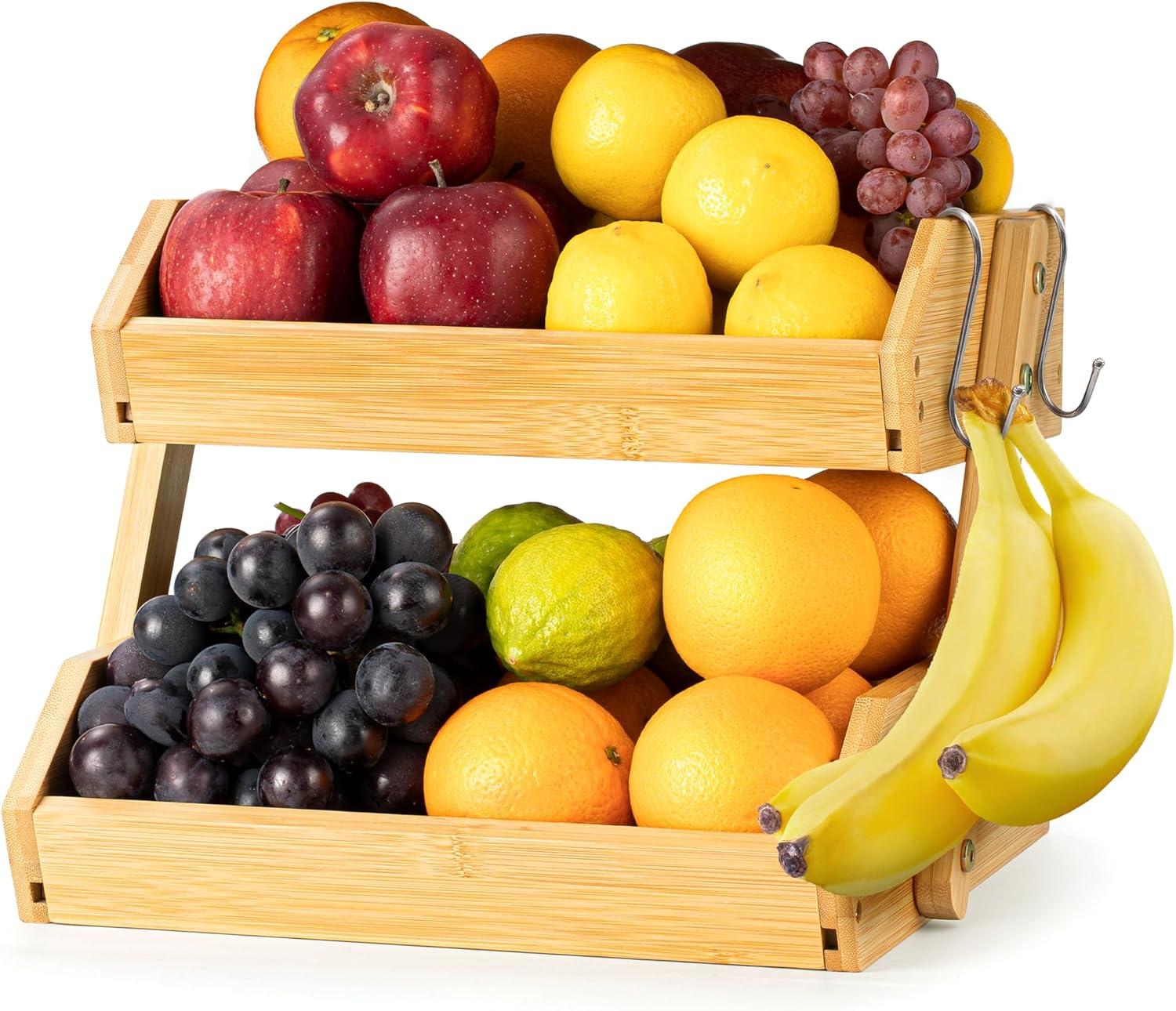 Bamboo Basket for Kitchen Counter Fruit & Vegetable Storage, Two Tier Wooden Fruit Bowl by Golden Nature