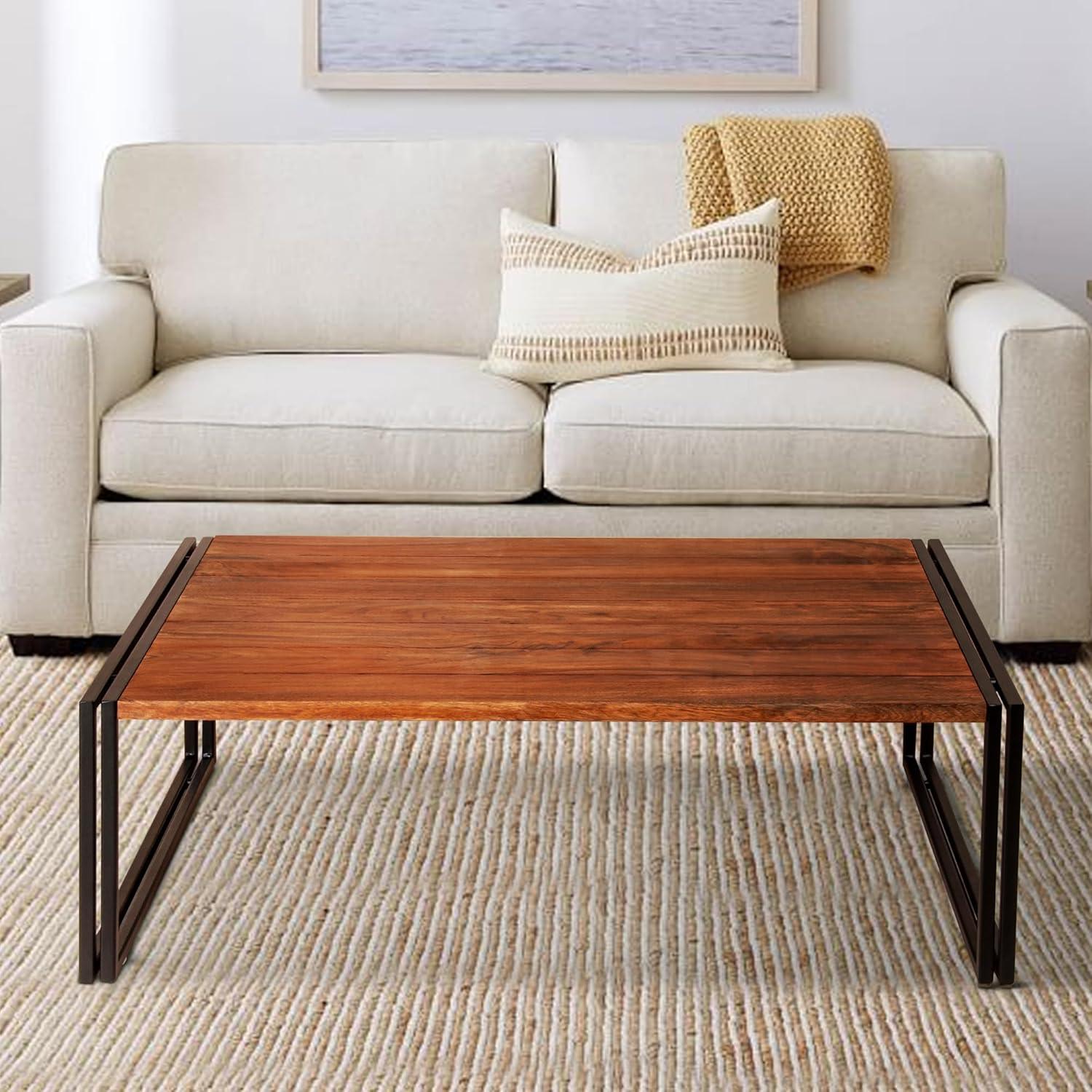 48 Inch Wooden Coffee Table with Double Metal Sled Base Brown and Black - Saltoro Sherpi