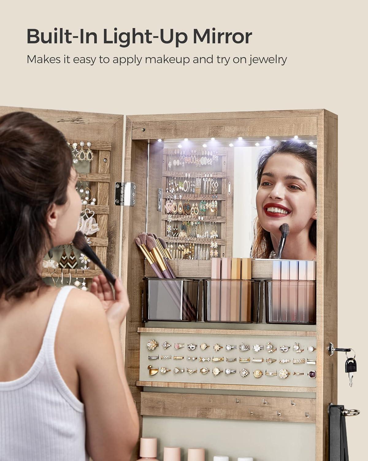 SONGMICS LED Mirror Jewelry Cabinet Standing, Lockable Jewelry Armoire with Full-Length Mirror, Space-Saving Jewelry Organizer with Mirror, Drawer and Shelf, Toasted Oak Color UJJC025N01