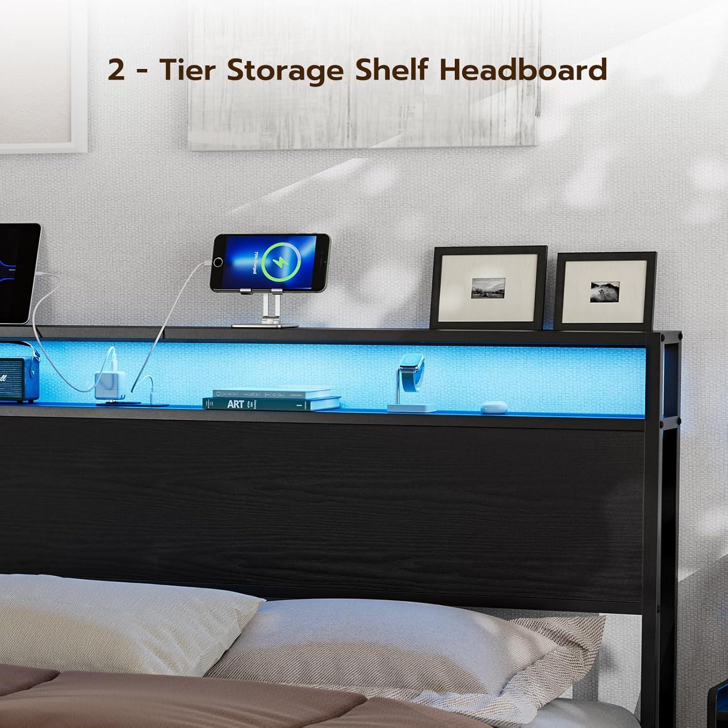Ivy Bronx Kaiwei Storage Headboard With Led Lights & Charging Station - Industrial Metal And Wood