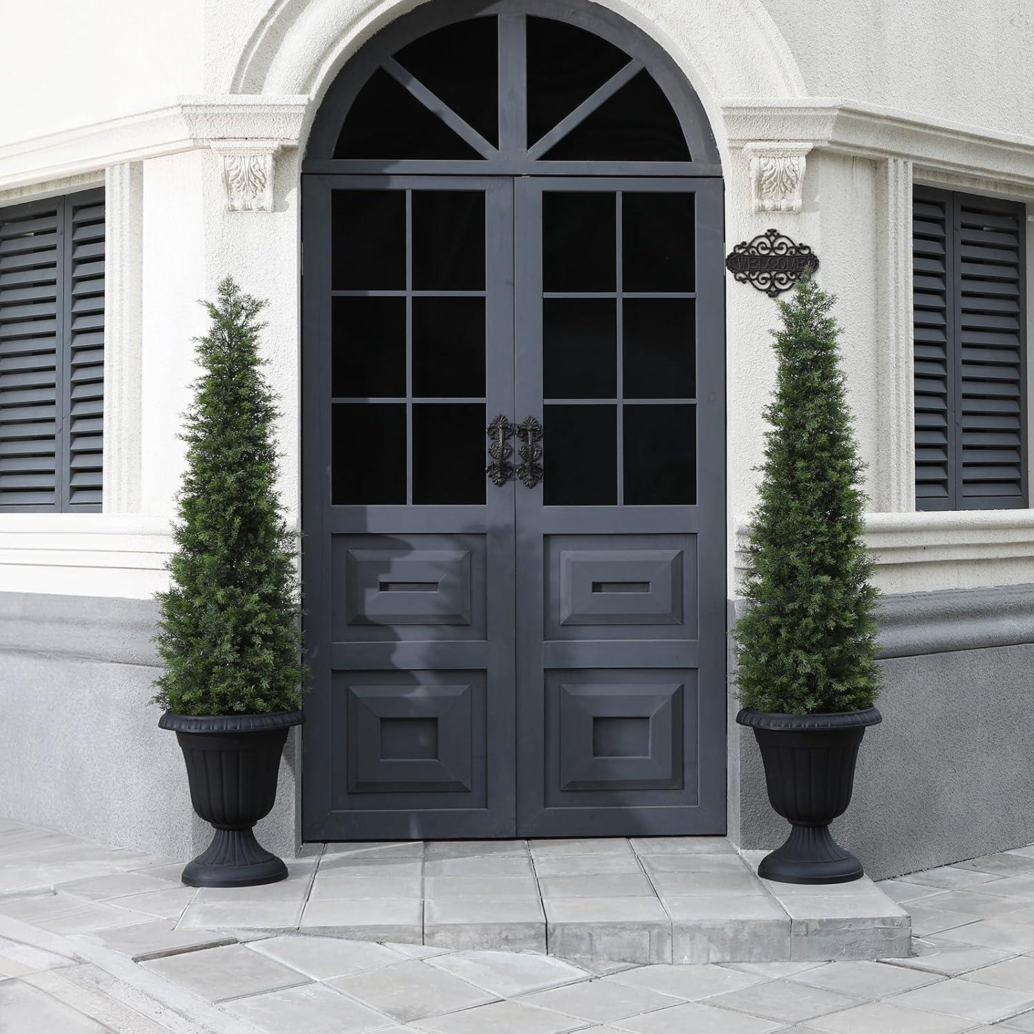 5ft Artificial Cedar Topiary Trees for Outdoors, Fake Cypress Plants with Solar Light String, Faux uv resistant Plants for Home Front Porch Decor, Housewarming Gift