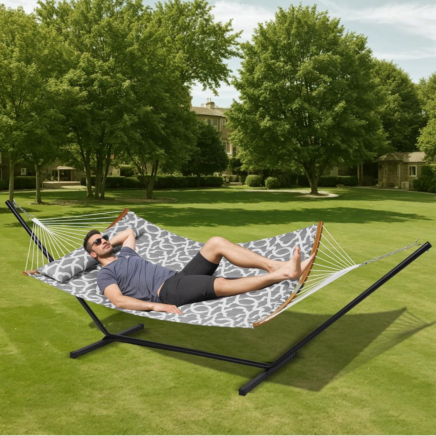 2 Person 12.3 ft Hammock with Stand Included Double Hammock with Curved Spreader Bar and Detachable Pillow