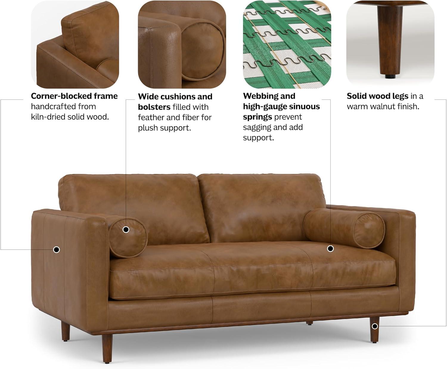 Simpli Home Morrison Genuine Leather Sofa, Mid-Century Modern Couch for Living Room, Handcrafted with Removable Cushions