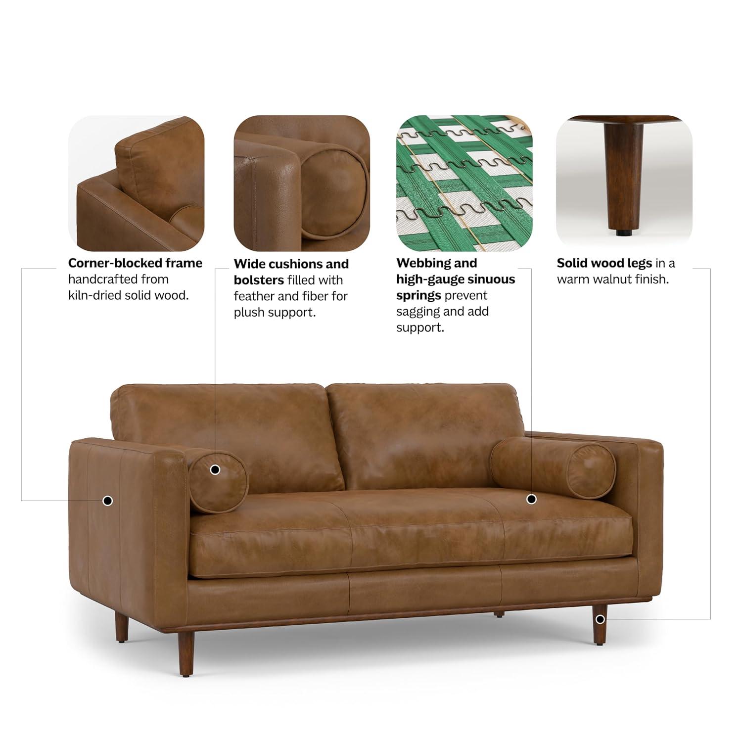 Simpli Home Morrison Genuine Leather Sofa, Mid-Century Modern Couch for Living Room, Handcrafted with Removable Cushions