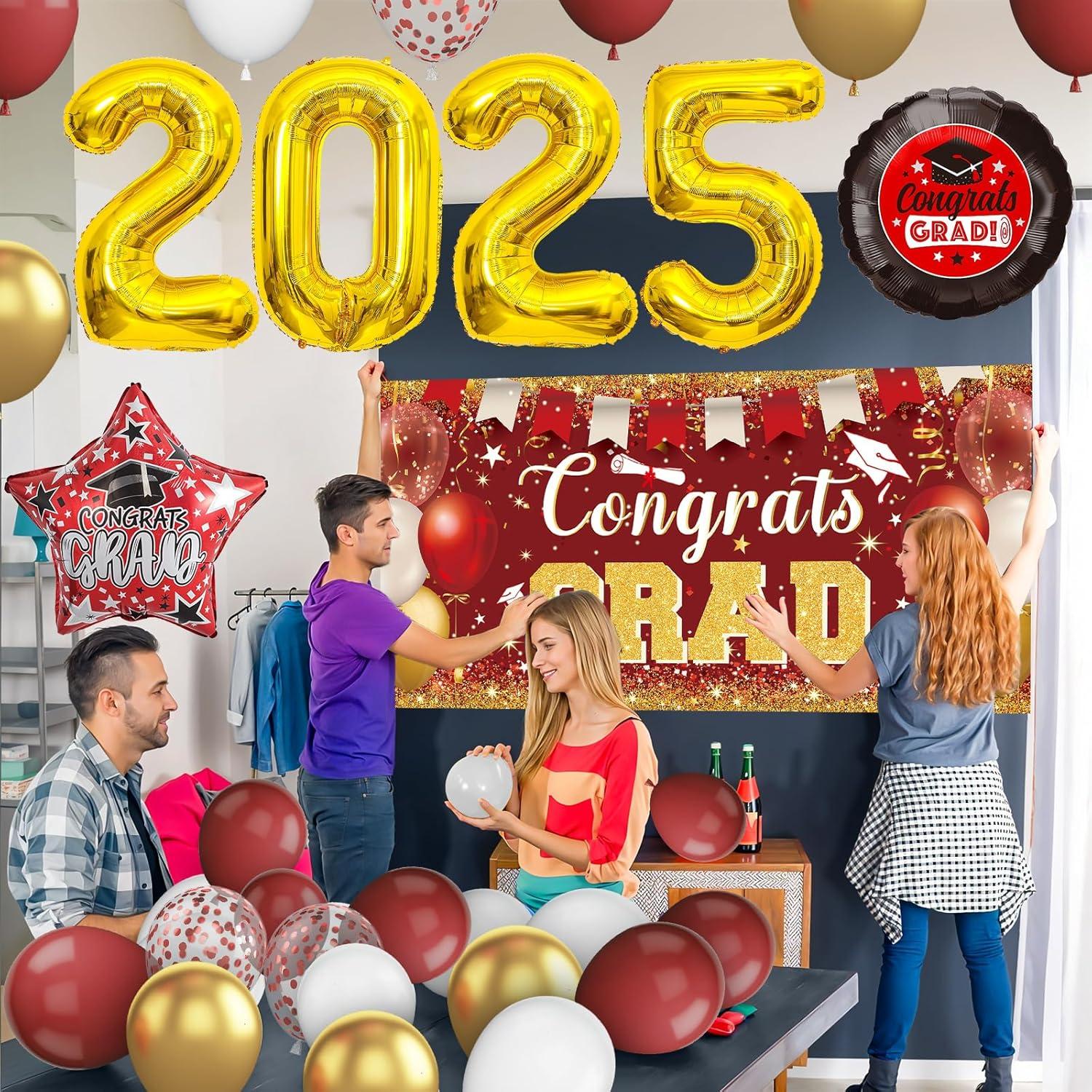 2025 Graduation Party Decoration, Red Gold Themed Set with Congrats Grad Banner, Balloons, Foil Number 2025 for Class of 2025 Graduation Party Supplies