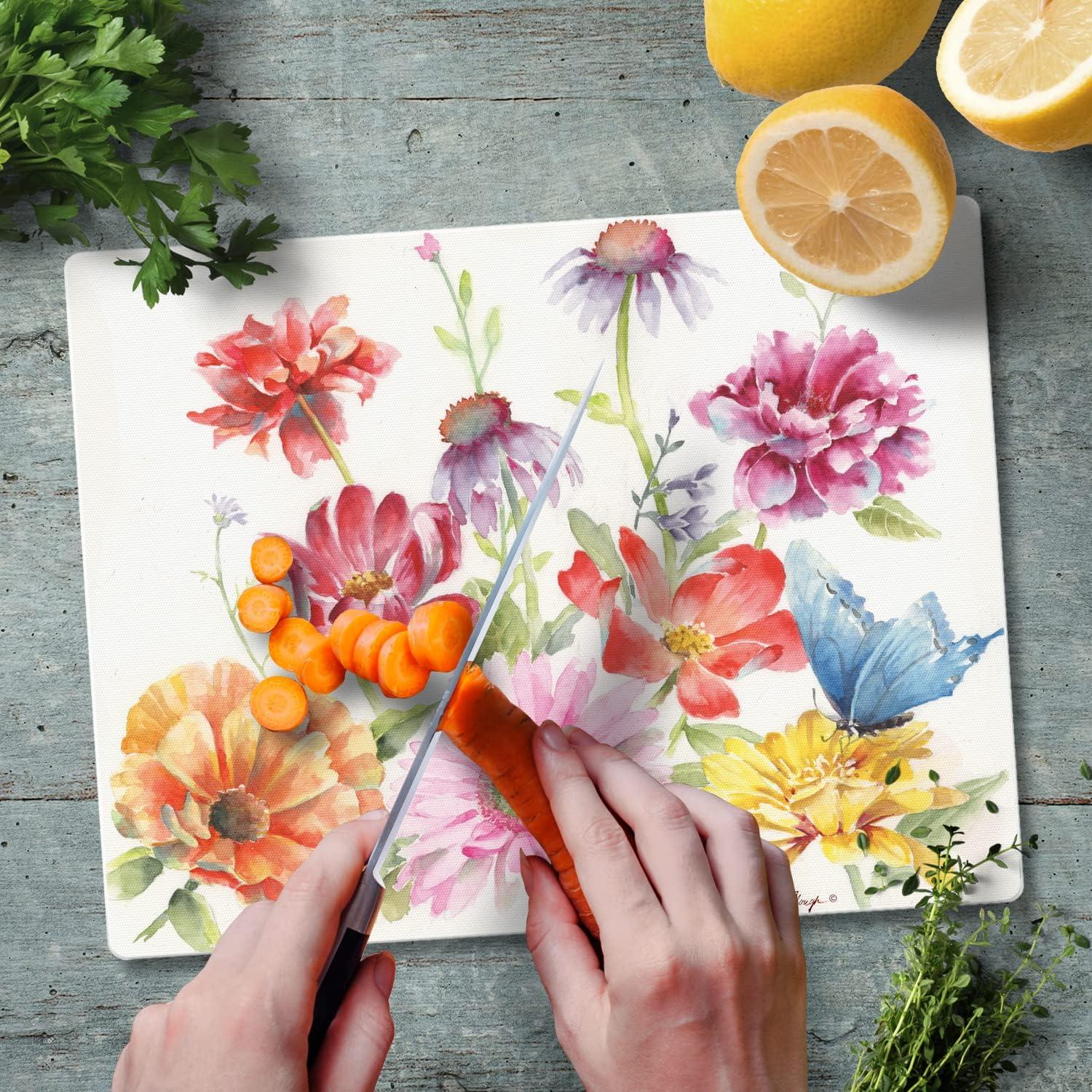 Butterfly Meadow Tempered Glass Cutting Board with Floral Design