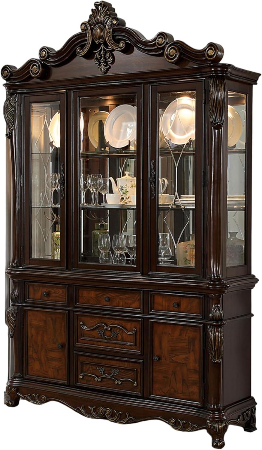 Benjara Zenie Buffet Cabinet and Hutch, Classic Carved, Cherry Brown Solid Wood