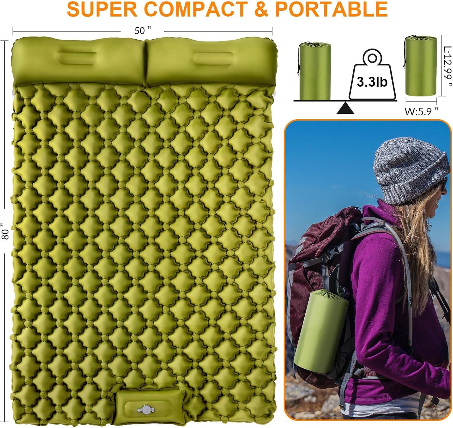 Ultralight Green Nylon Double Sleeping Pad with Built-in Foot Pump