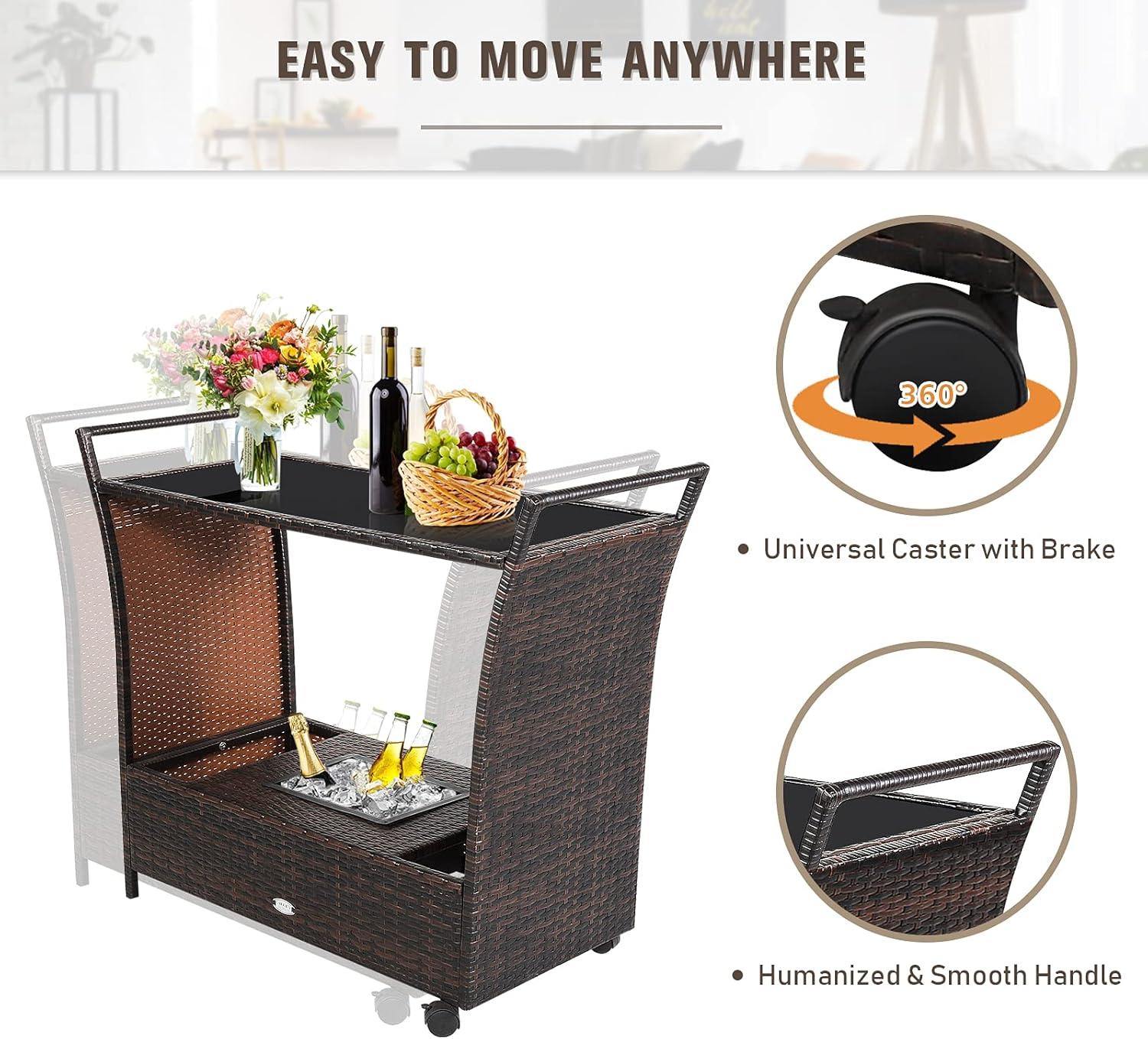 RELAX4LIFE Outdoor Wicker Bar Cart with Removable Ice bucket, Patio Serving Counter Table with Glass Top & Wheels, Storage Compartments Rattan Rolling Trolley for Pool, Backyard,Porch Wine Cart, Brown