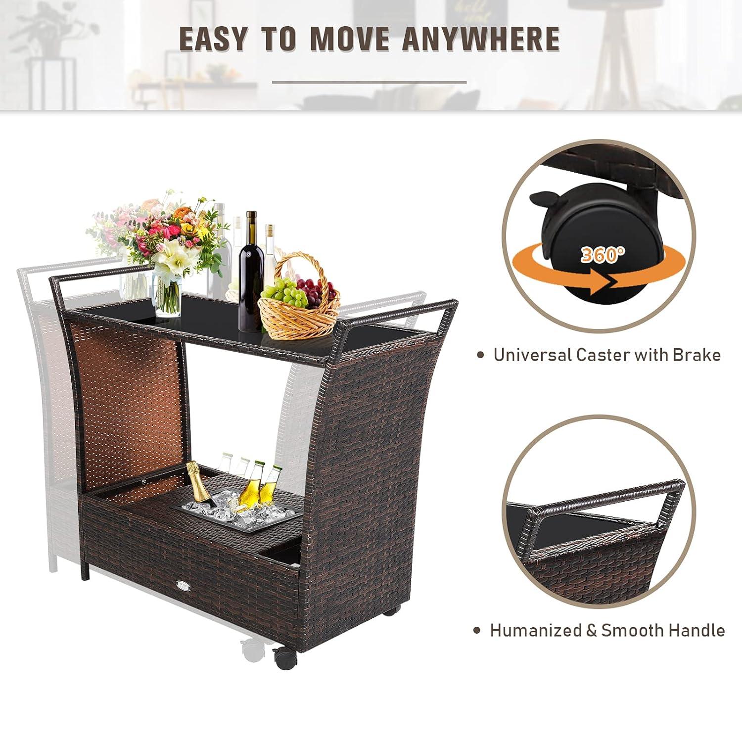 RELAX4LIFE Outdoor Wicker Bar Cart with Removable Ice bucket, Patio Serving Counter Table with Glass Top & Wheels, Storage Compartments Rattan Rolling Trolley for Pool, Backyard,Porch Wine Cart, Brown