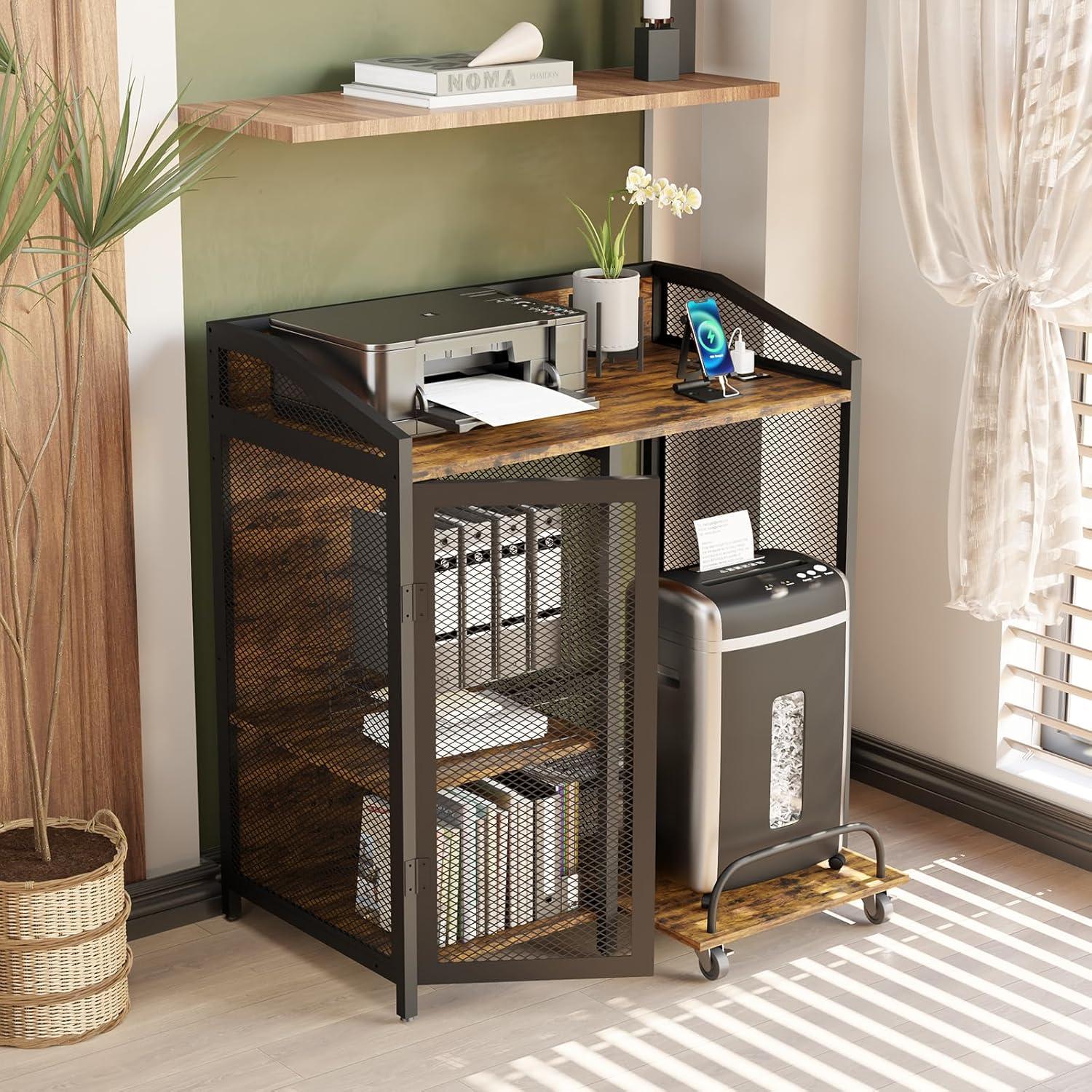 Rustic Brown and Black 3-Tier Printer Stand with Charging Station