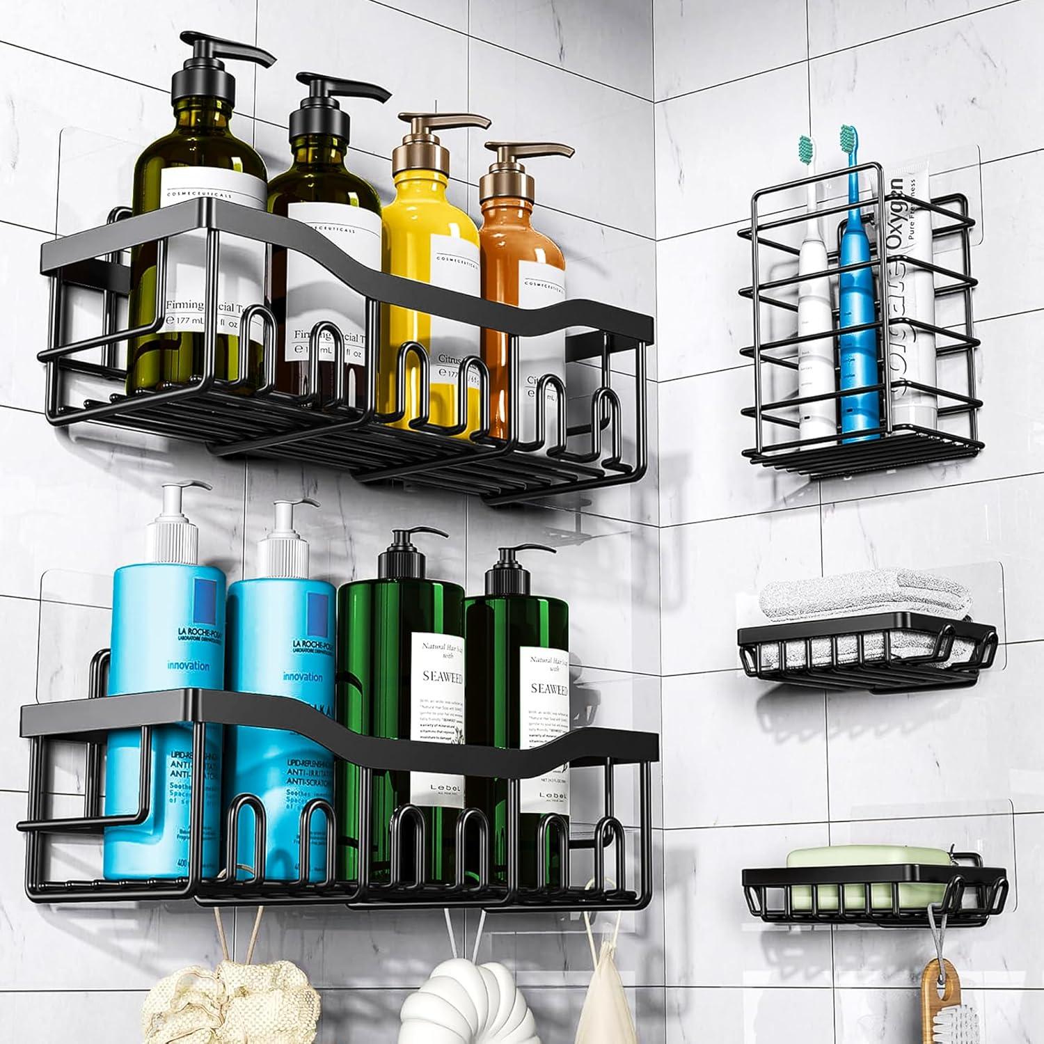 5Pack Shower Caddy Shelf Organizer with Soap Holder, Stainless Steel Bathroom Shelves Basket with Adhesives/Screws, Hooks, Storage Rack for Kitchen Black