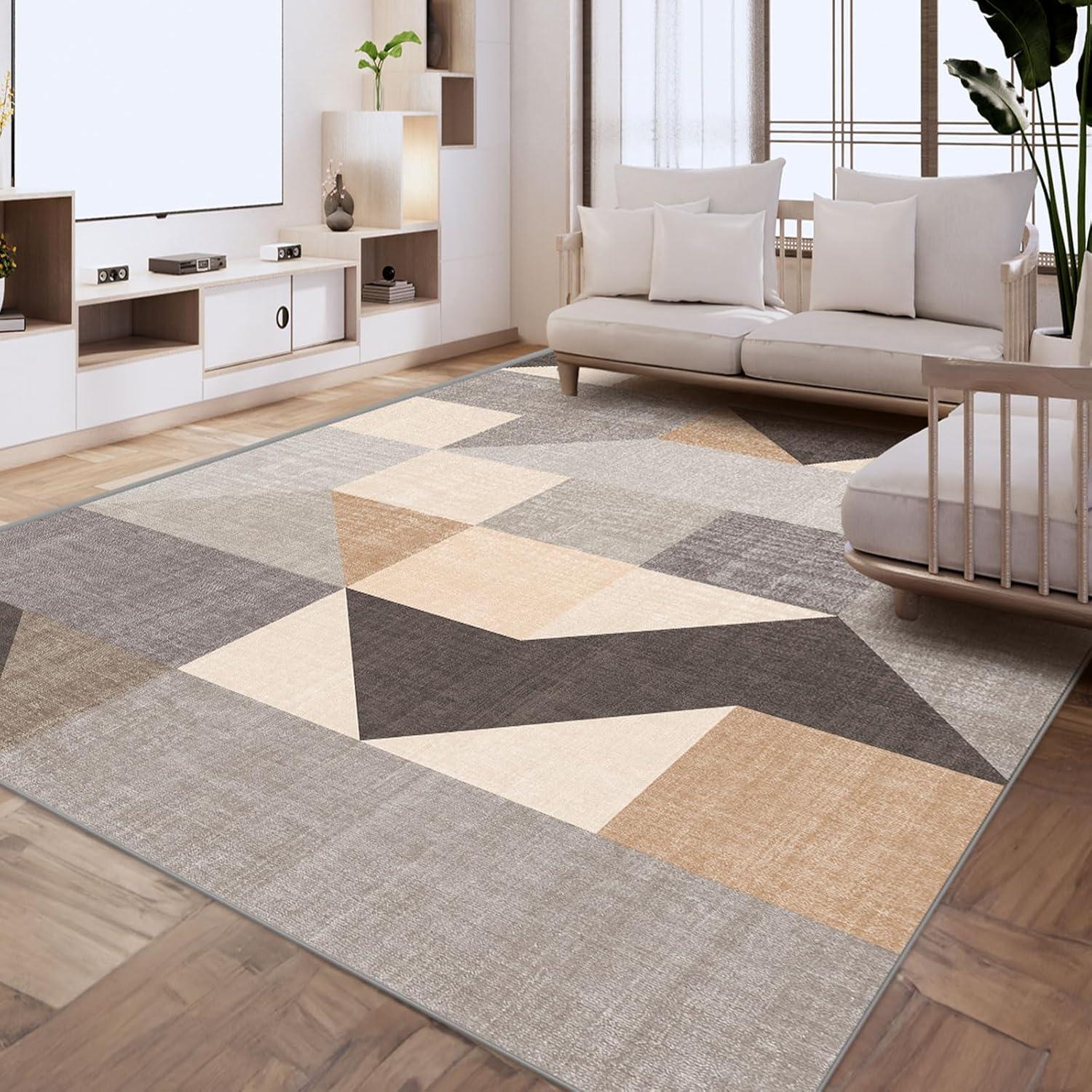 Ultra-Modern Geometric Foldable Area Rug, Abstract Block Collision Art Style Soft Thin Pile Carpet, Machine Washable Rug For Living Room, Bedroom, Kitchen - Non-Slip Backing, Non-Shedding, Easy-Cleaning and Home Decor Ideas.