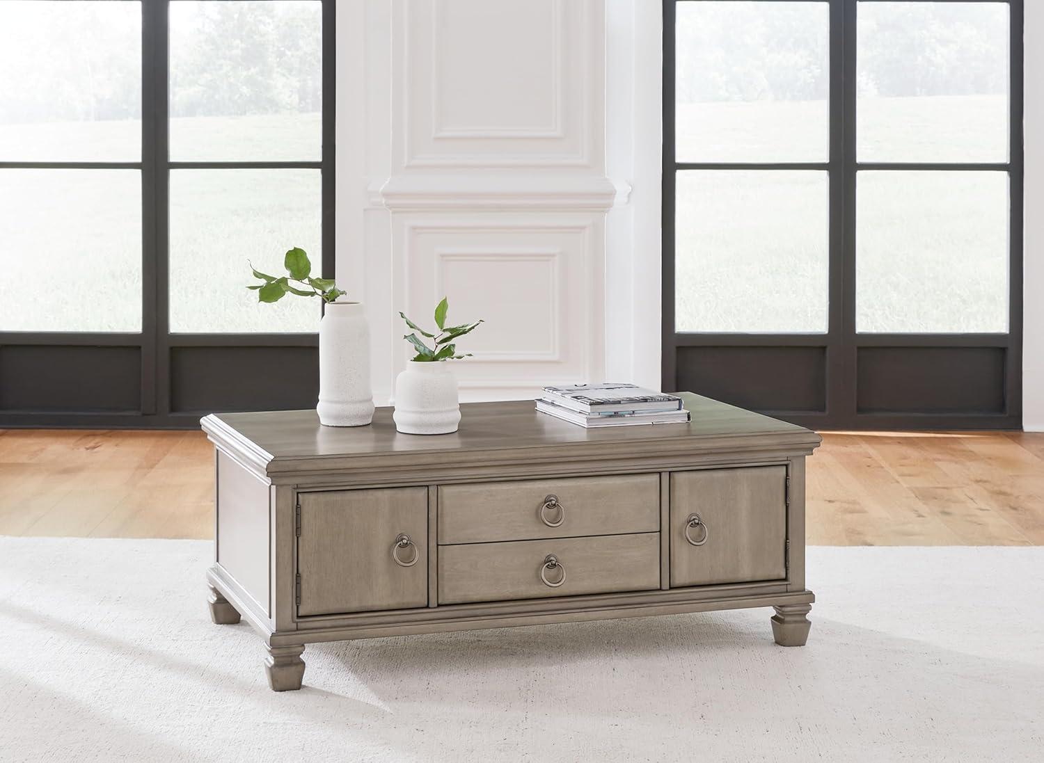 Signature Design by Ashley Lexorne Classic Cocktail Table with 2 Cabinets and 2 Drawers, Light Gray