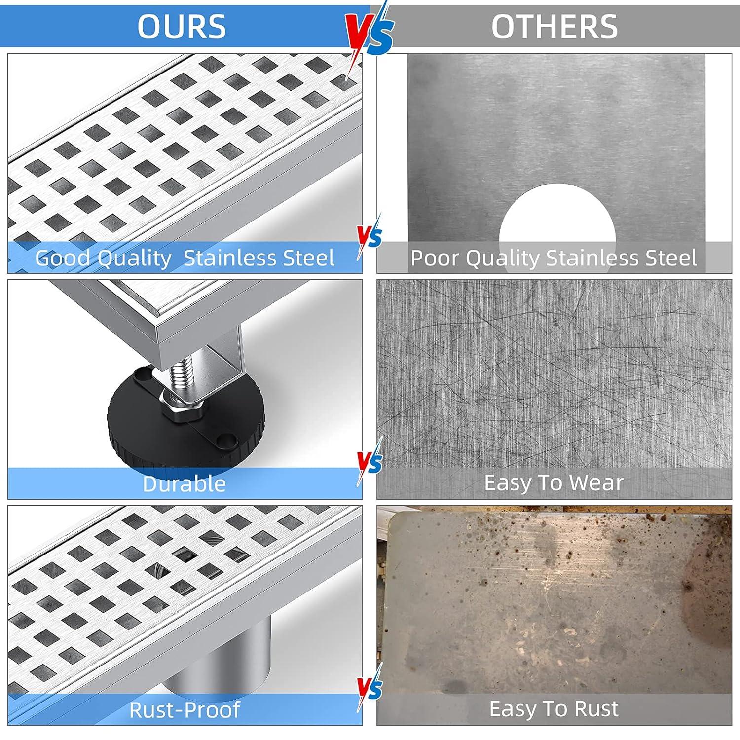 Accreate 24 Inch Linear Shower Drain, Brushed Nickel Shower Floor Drain, High Flow Shower Drain Kit with Removable Grid Cover, Hair Filter and Adjustable Leveling Feet