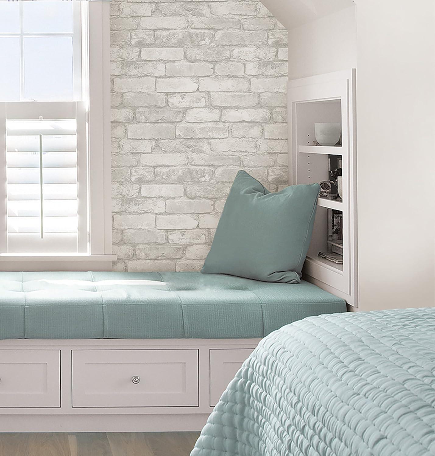 NuWallpaper Brick Peel & Stick Wallpaper White/Gray: Modern Brick Design, Self-Adhesive, Washable, 30.75 Sq Ft Coverage