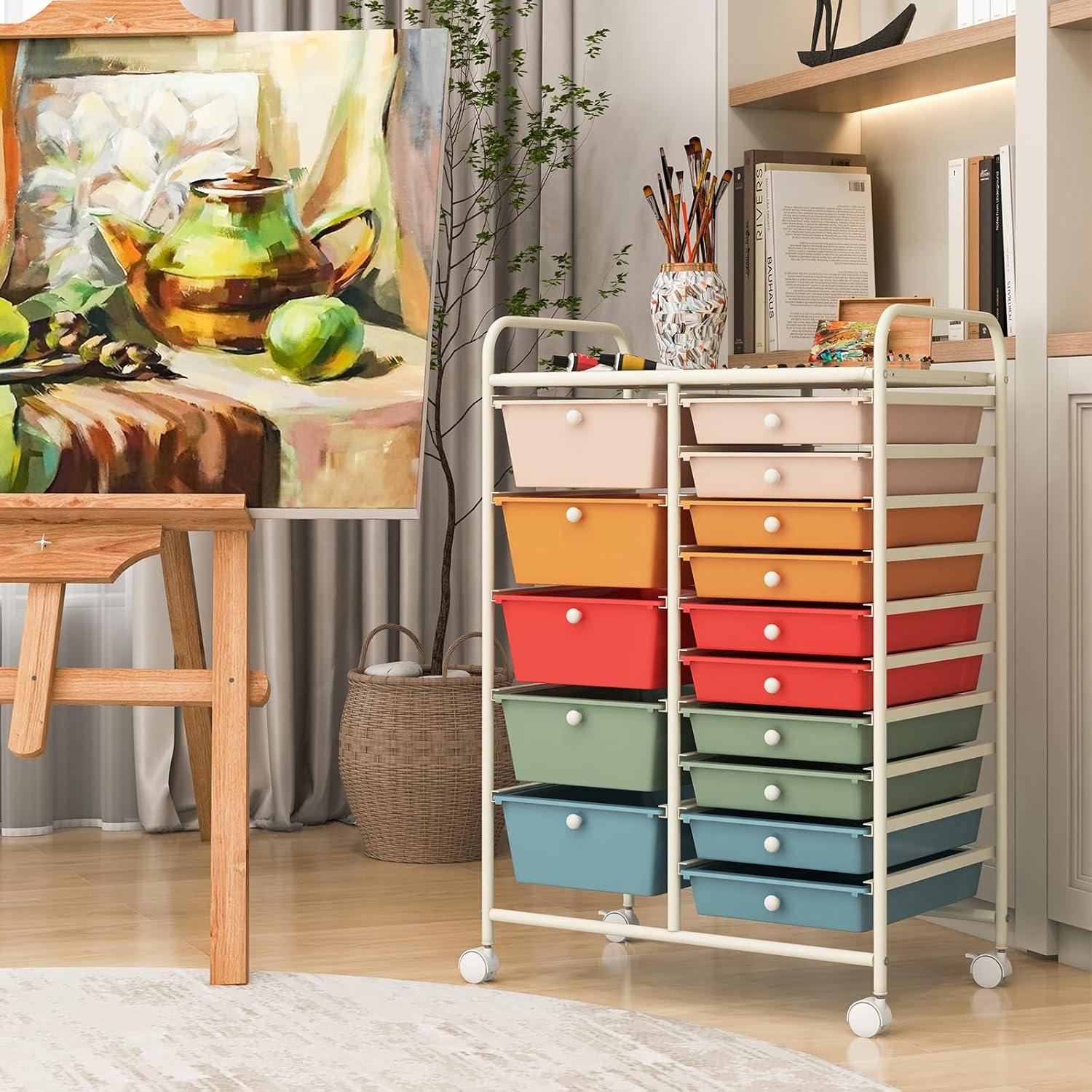 Multicolor 15-Drawer Rolling Storage Cart with Metal Frame