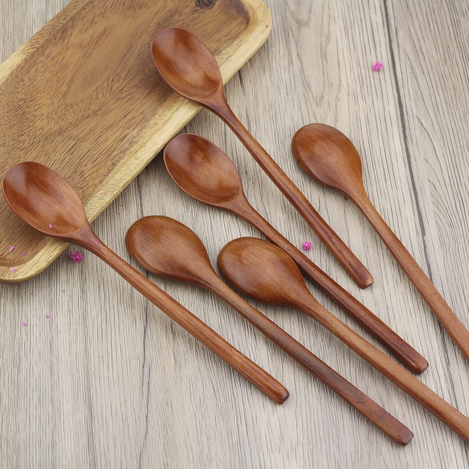 QIFEI 6Pcs Wooden Spoons, 9 inch Wood Soup Spoons for Eating Mixing Stirring, Long Handle Spoon with Japanese Style Kitchen Utensil, Eco Friendly Table Spoon