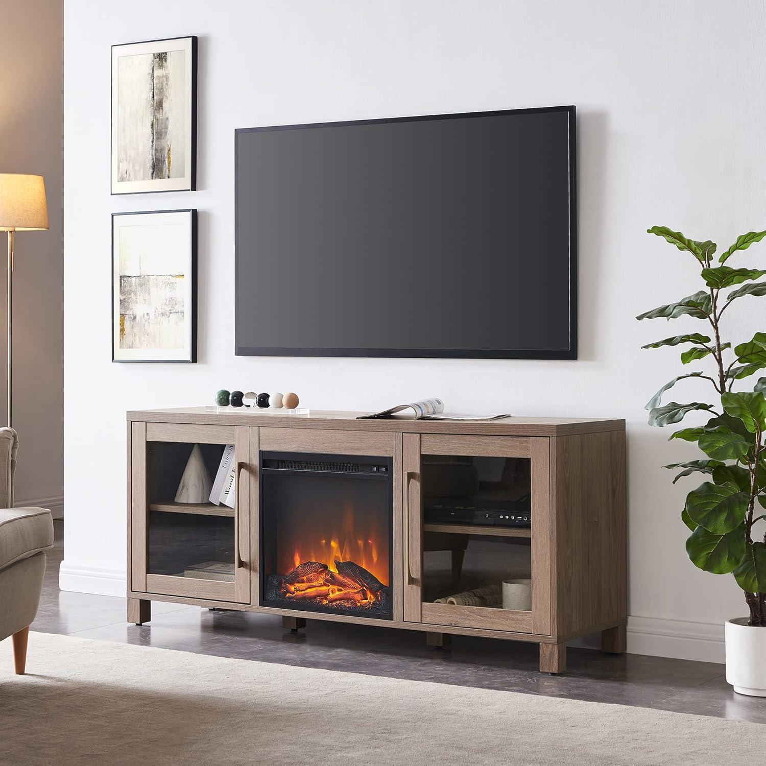 Antiqued Gray Oak TV Stand with Log Fireplace for 65" TVs