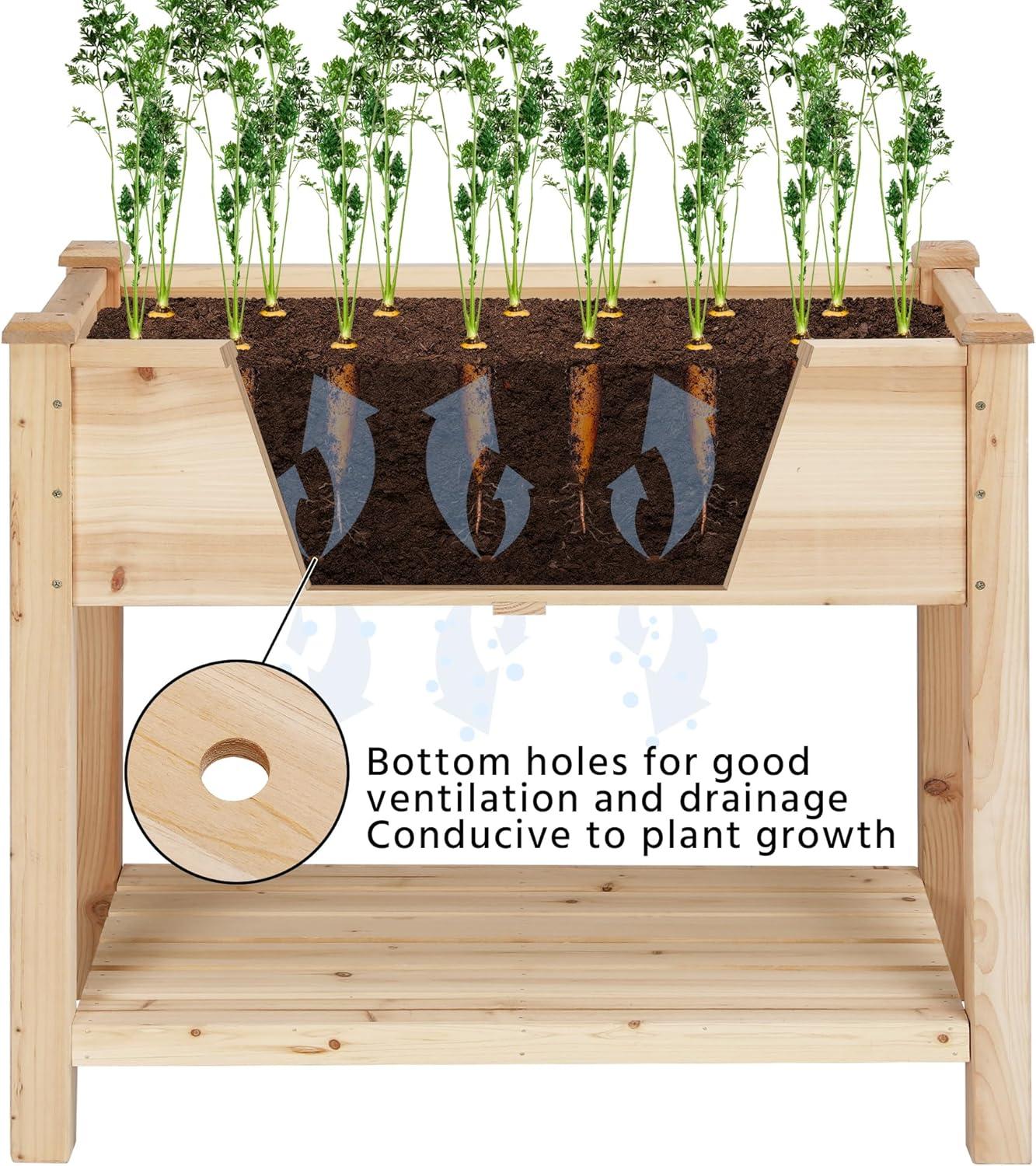 Natural Wood Raised Garden Bed with Storage Shelf