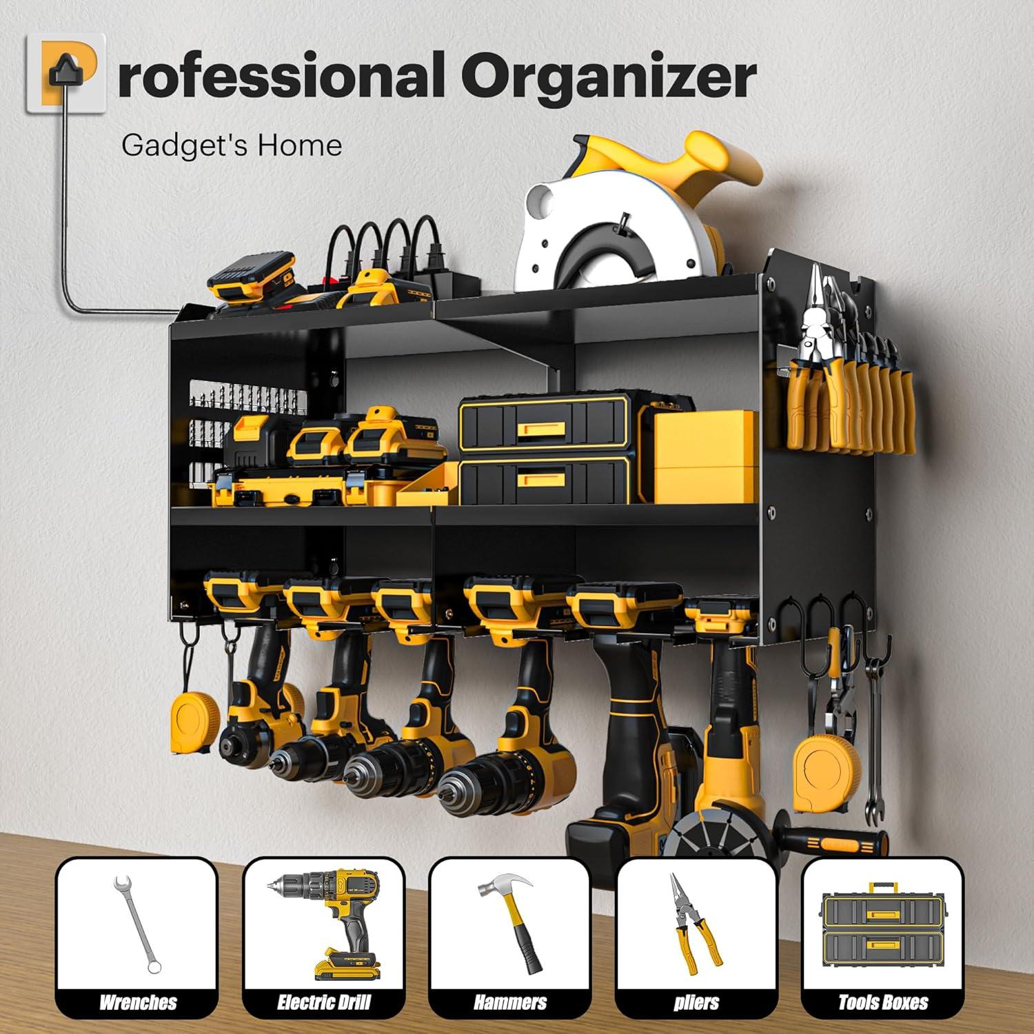 Power Tool Organizer Wall Mount with Charging Station, Garage Tool Shelf 6 Drill Holders, Tool Battery Holder with Screwdriver Heavy Duty Rack, Tool Storage Rack with 4 Outlet Power Strip