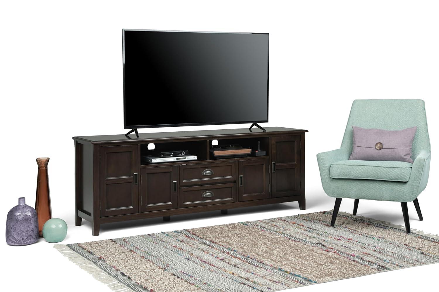 Simpli Home Burlington 72"W Solid Wood TV Stand for TVs up to 80" with 4 Cabinets