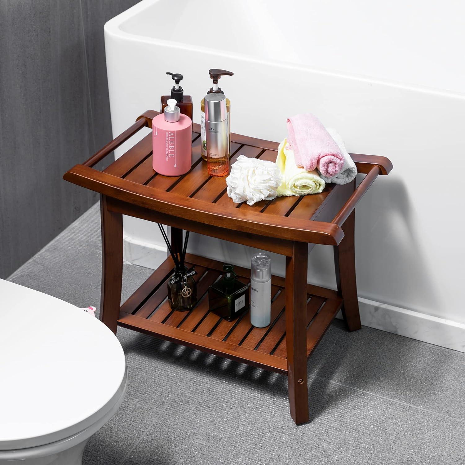 Chestnut Brown Bamboo Shower Bench with Storage Shelf