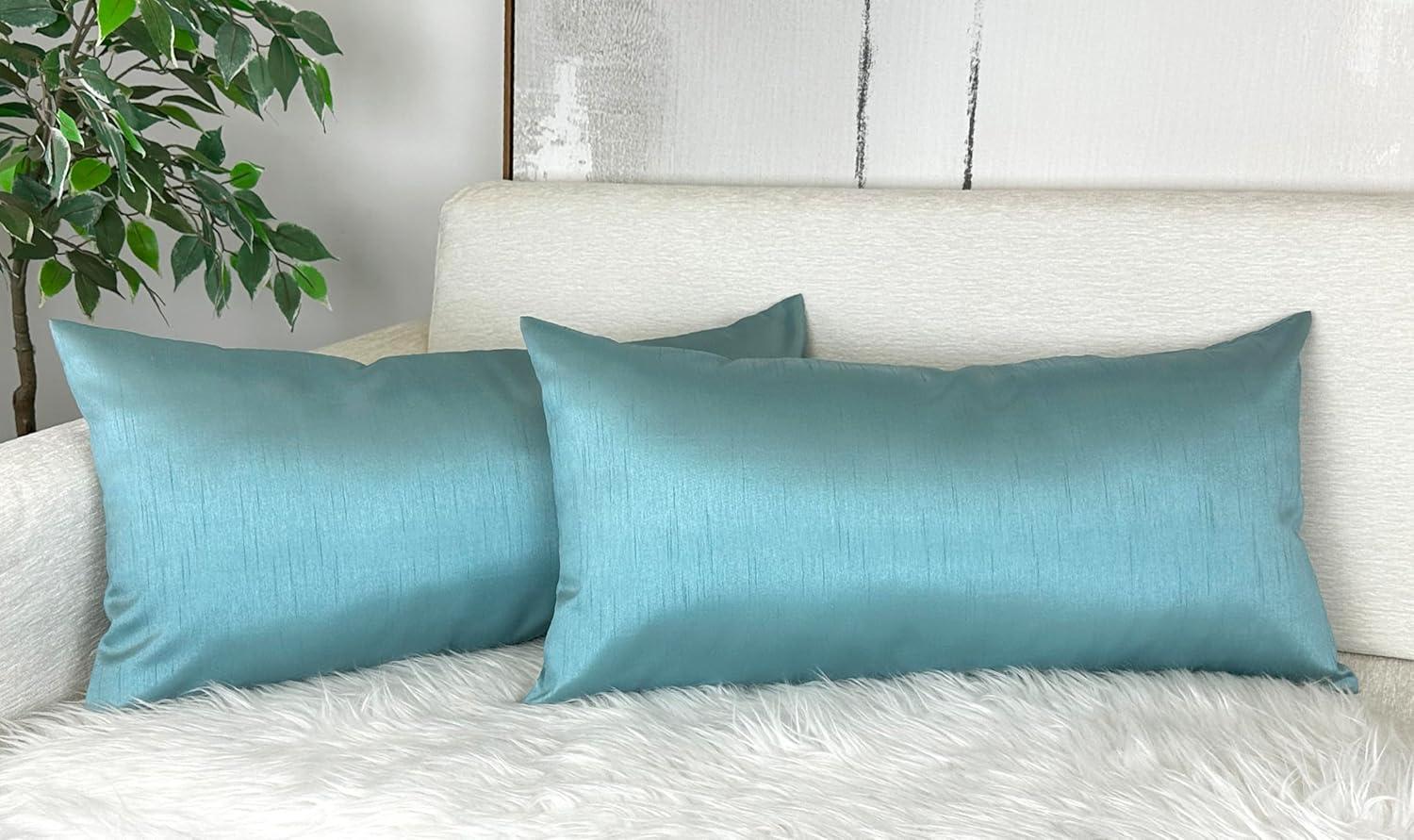 Aqua Faux Silk Rectangular Throw Pillow Set, 24" x 12"