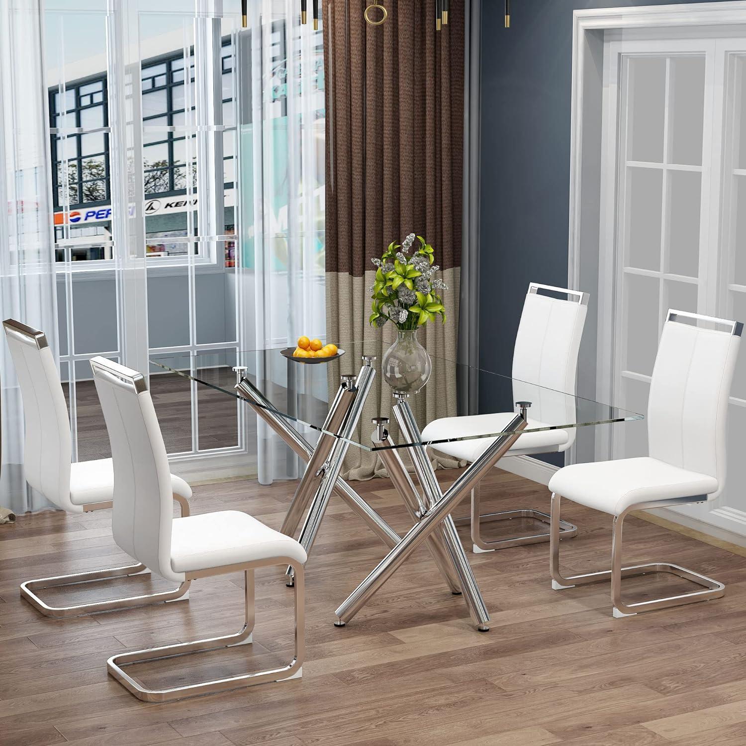 White Faux Leather High Back Metal Side Chair Set