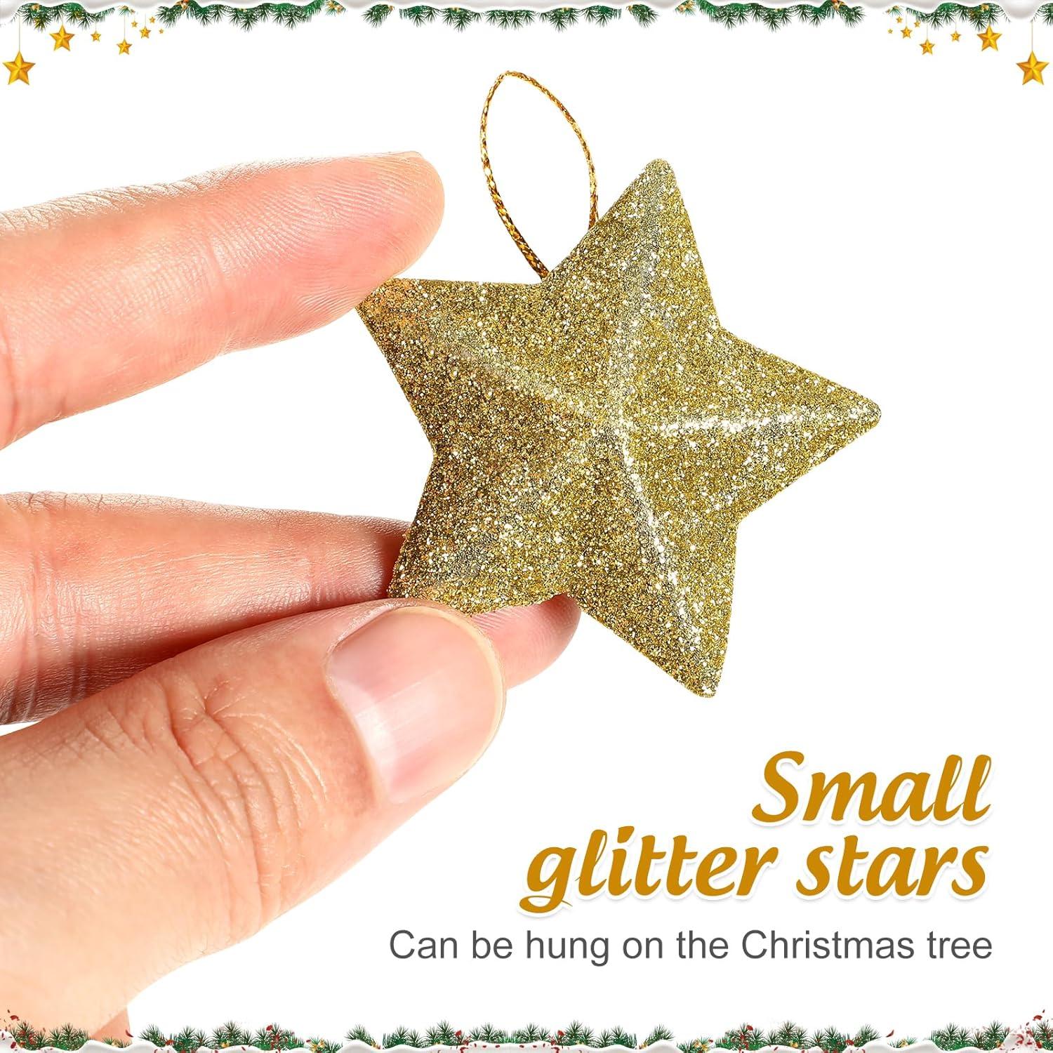 30Pcs Mini Gold Glitter Star Pendant Christmas Tree Hanging Decorations Xmas Star Pendant Tree Ornament Decoration for Christmas