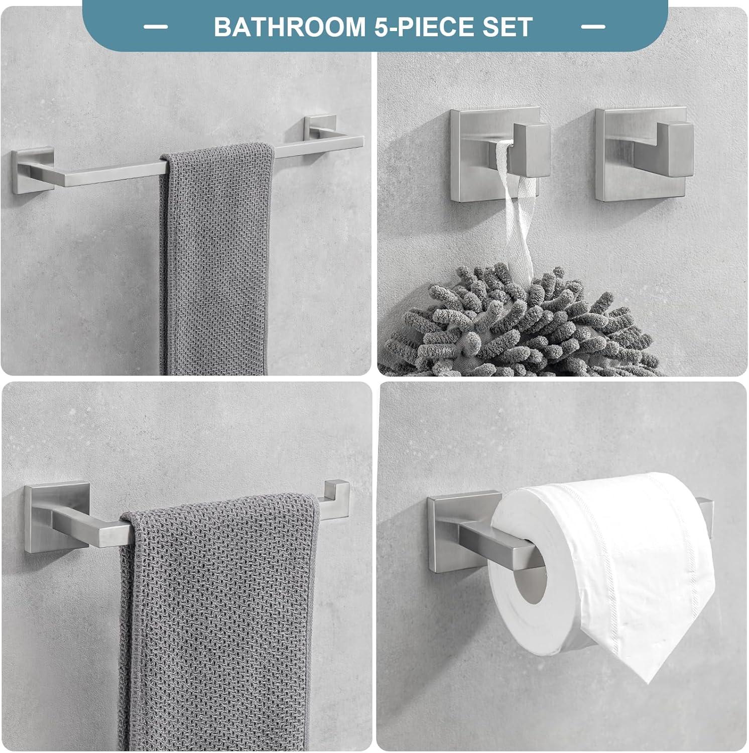 AUMIY  5 pcs Bathroom Hardware Accessories Set  Stainless Steel  Towel Bar Set  Includes  Towel Bar  Toilet Paper Holder  Hand Towel Holder And 2*Towel Hooks  Wall Mounted