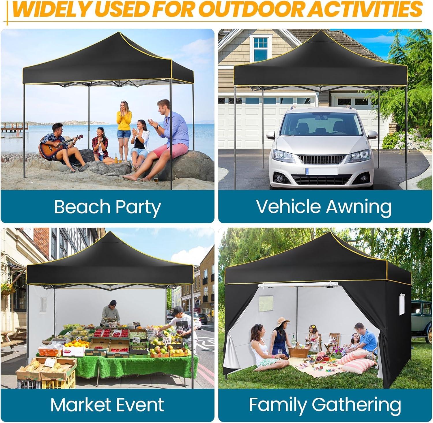 HOTEEL 10x10 Pop up Canopy Tent, Outdoor Tent with Mesh Window, Instant Tents for Party, Camping, Commercial, Waterproof Gazebo with 4 Removable Sidewalls, Black