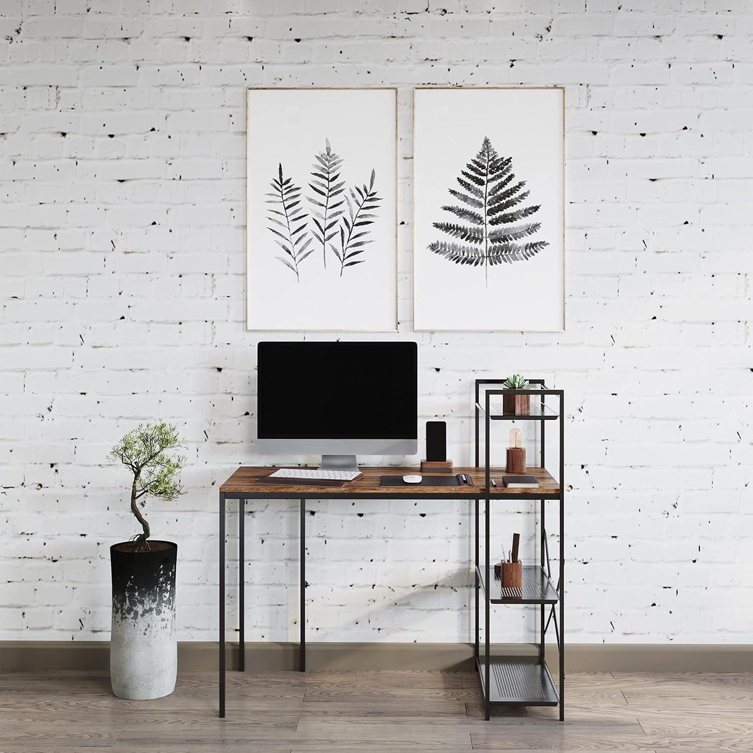 Compact Industrial-Style Black Metal and Wood Computer Desk with Storage