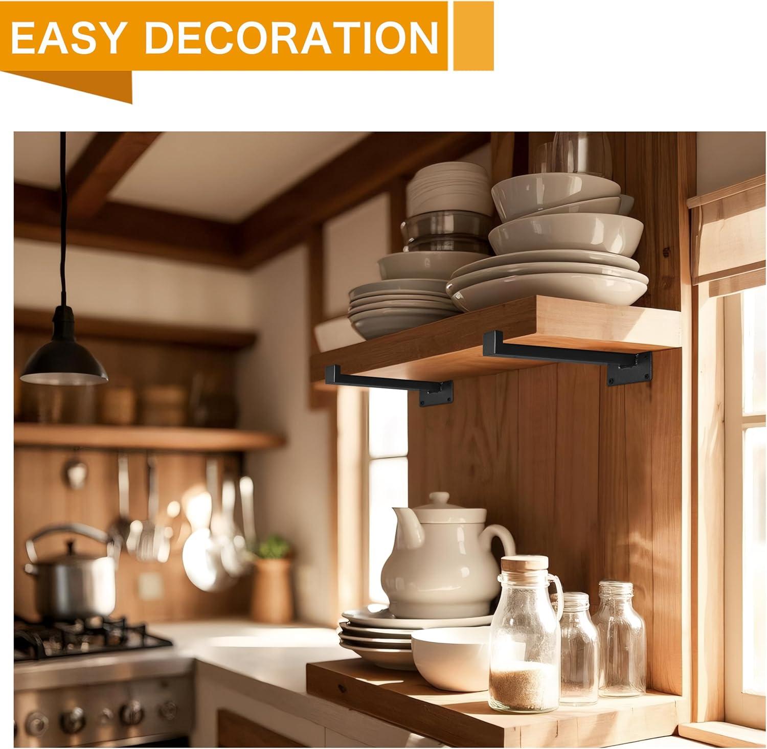 EZYDECOR 6Pcs Floating Shelves Brackets Heavy Duty Wooden Shelf Brackets 10inch Decorative Wall Shelf Brackets & Supports with Lip (Black) 10"