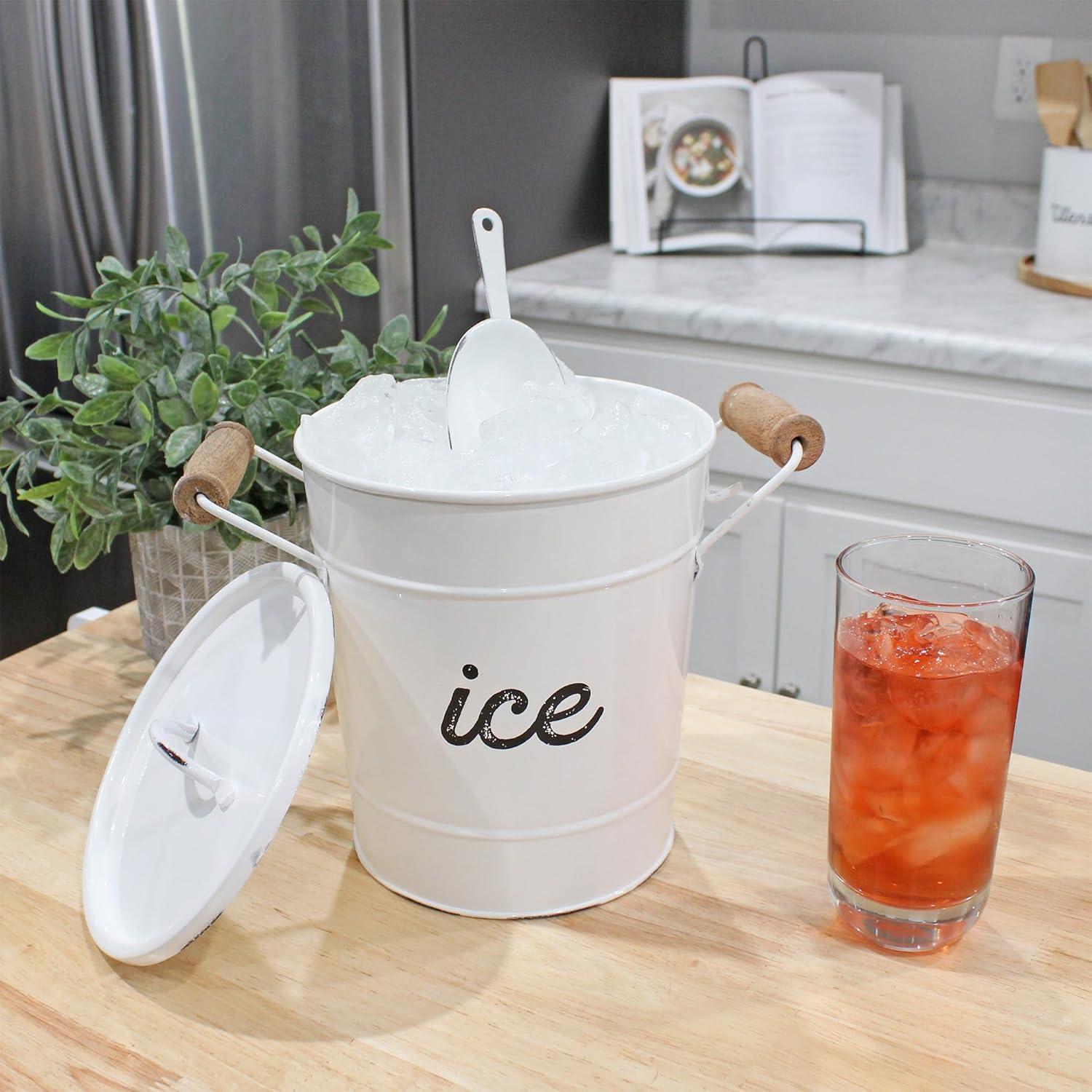 AuldHome Design White Farmhouse Enamelware Ice Bucket; Rustic Style Insulated Ice Server
