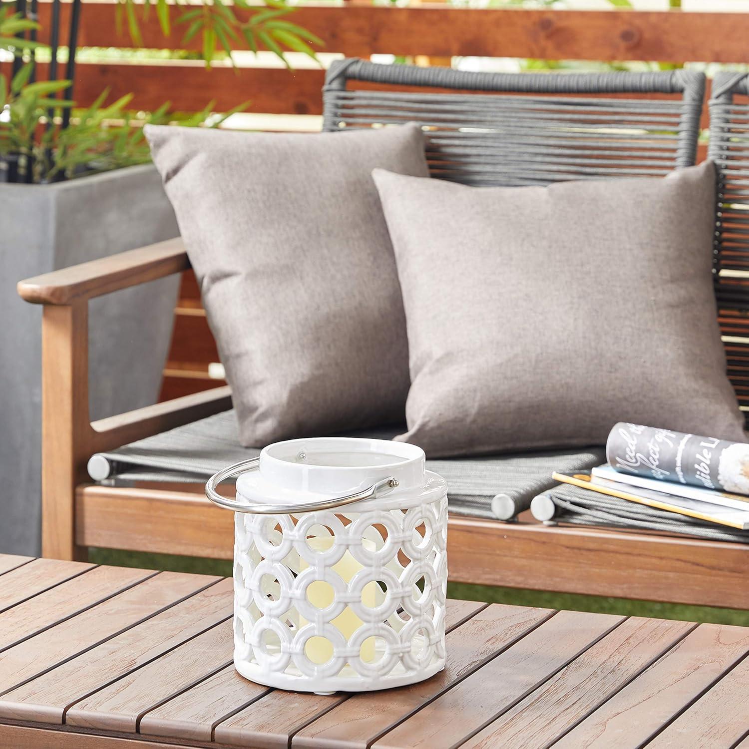 DecMode White Ceramic Circles Decorative Candle Lantern with Cut Out Design