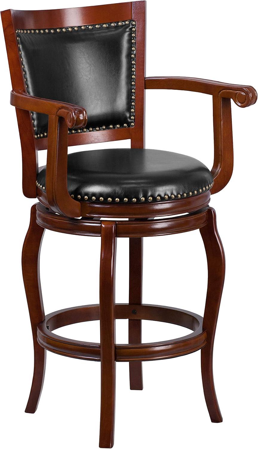 Emma and Oliver 30"H Cherry Wood Panel Back Swivel Barstool with Arms