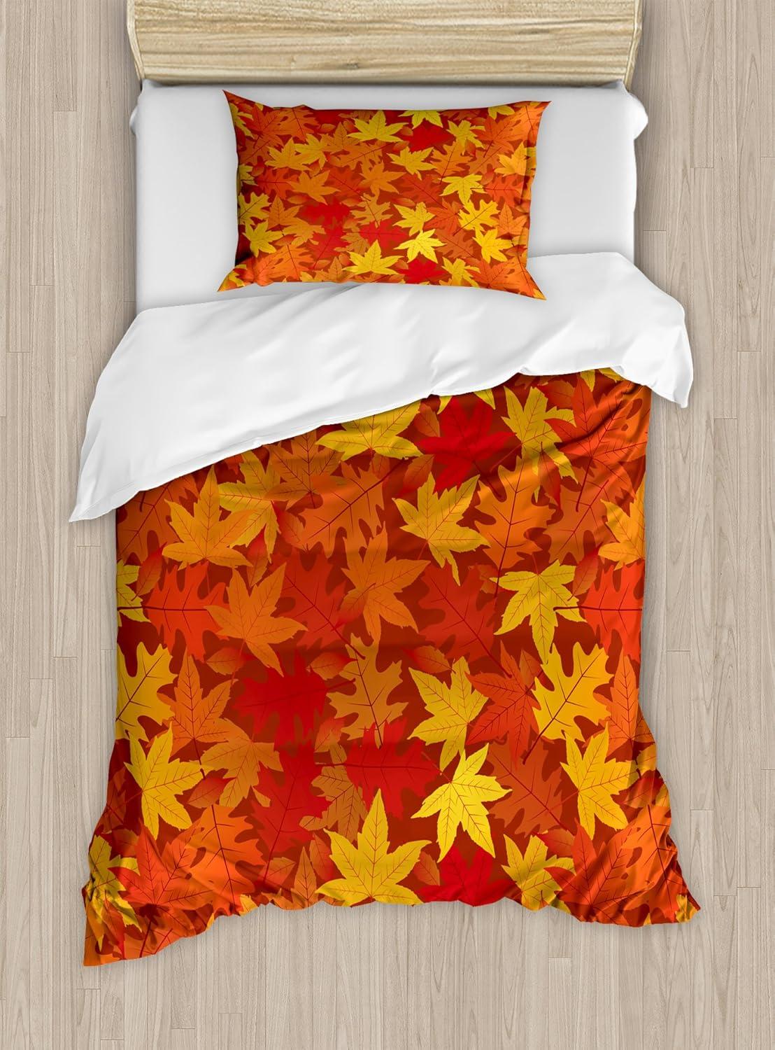 Twin Size Burnt Orange Maple Leaf Duvet Cover Set