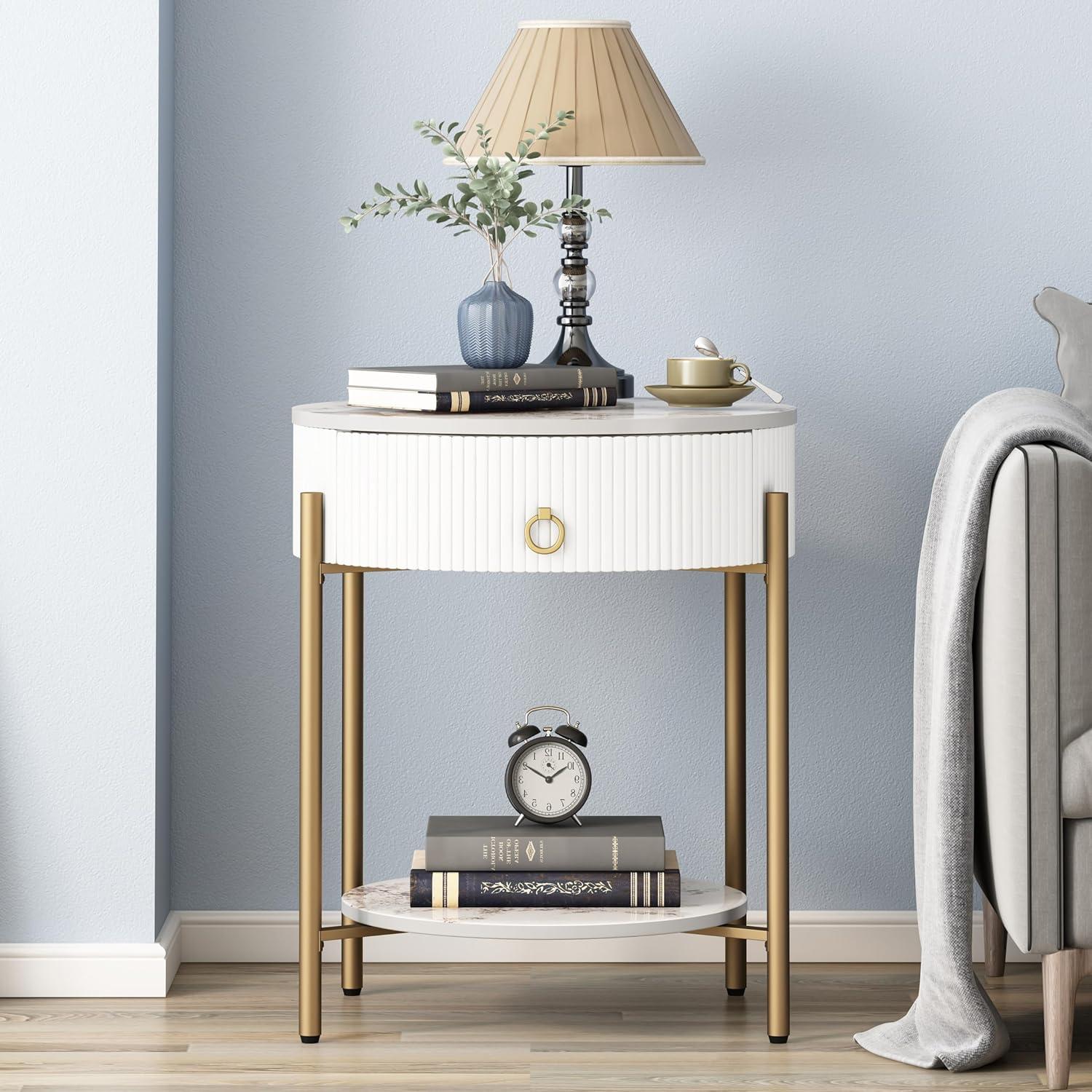 Gold Round End Table with Drawer and Natural Stone Top