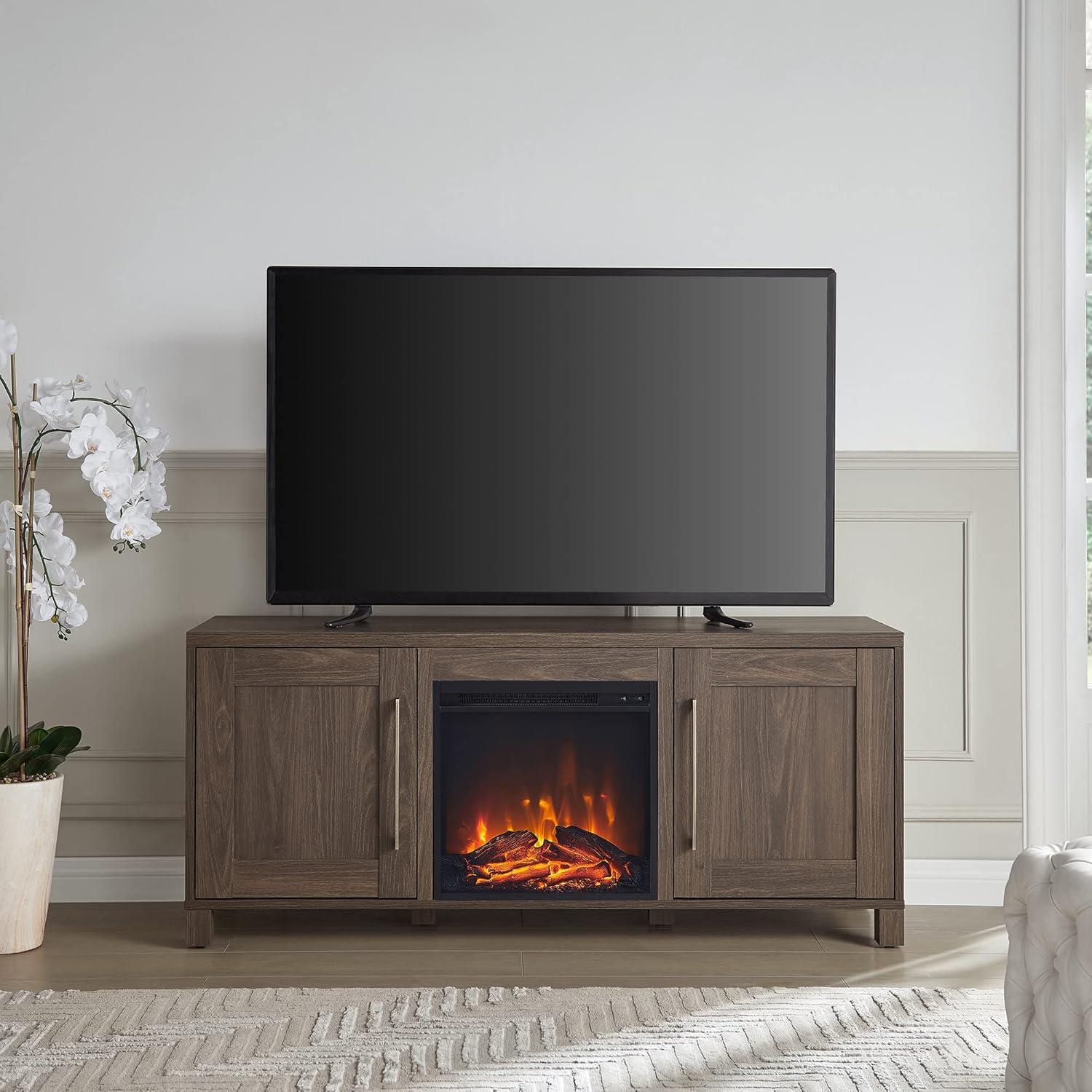 Alder Brown Transitional 58" TV Stand with Electric Fireplace and Cabinets