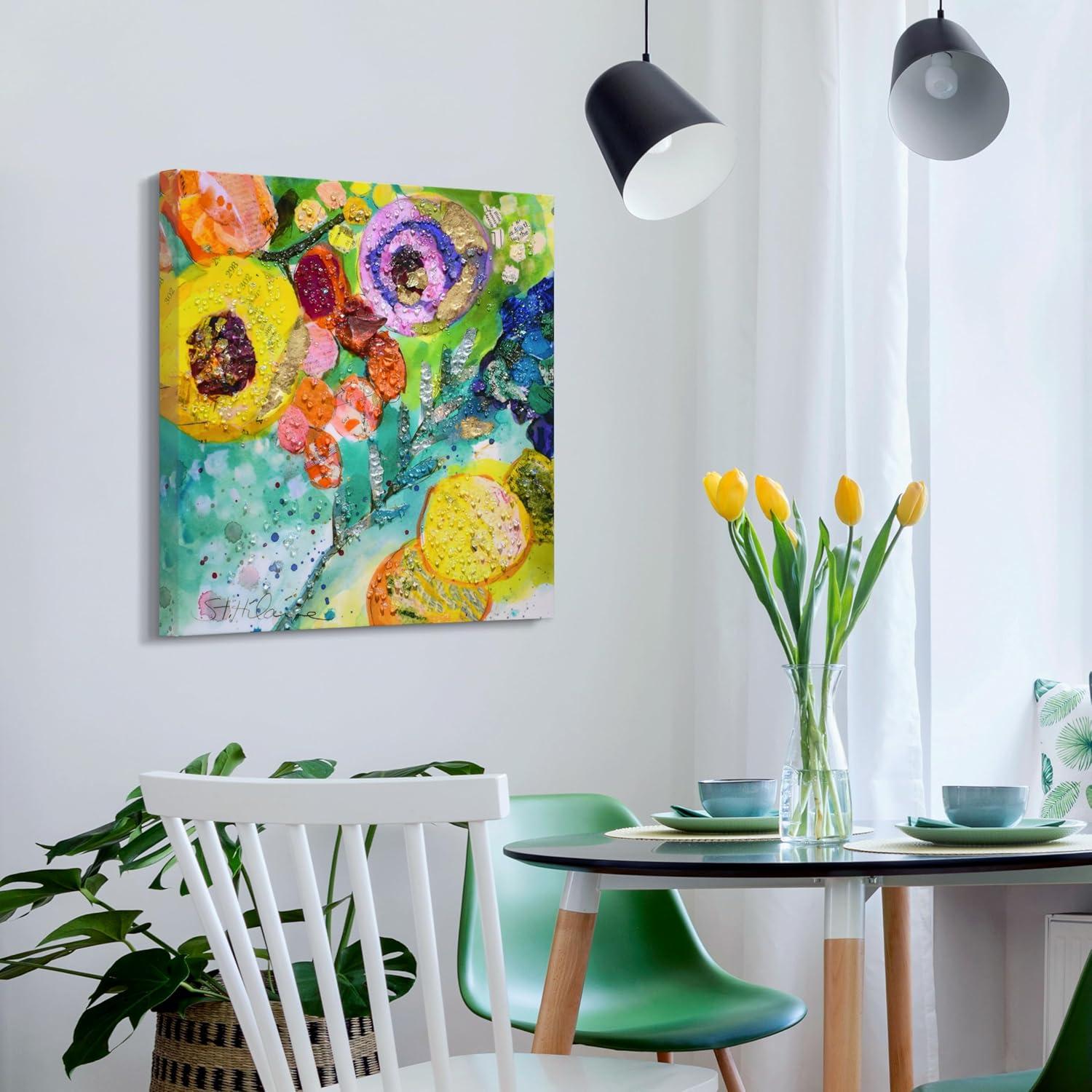 "Floral Radiance II" Crystallus Epoxy Coated Wrapped Glossy Canvas Wall Art with Heavy Acrylic Crystal Shards Embellishments