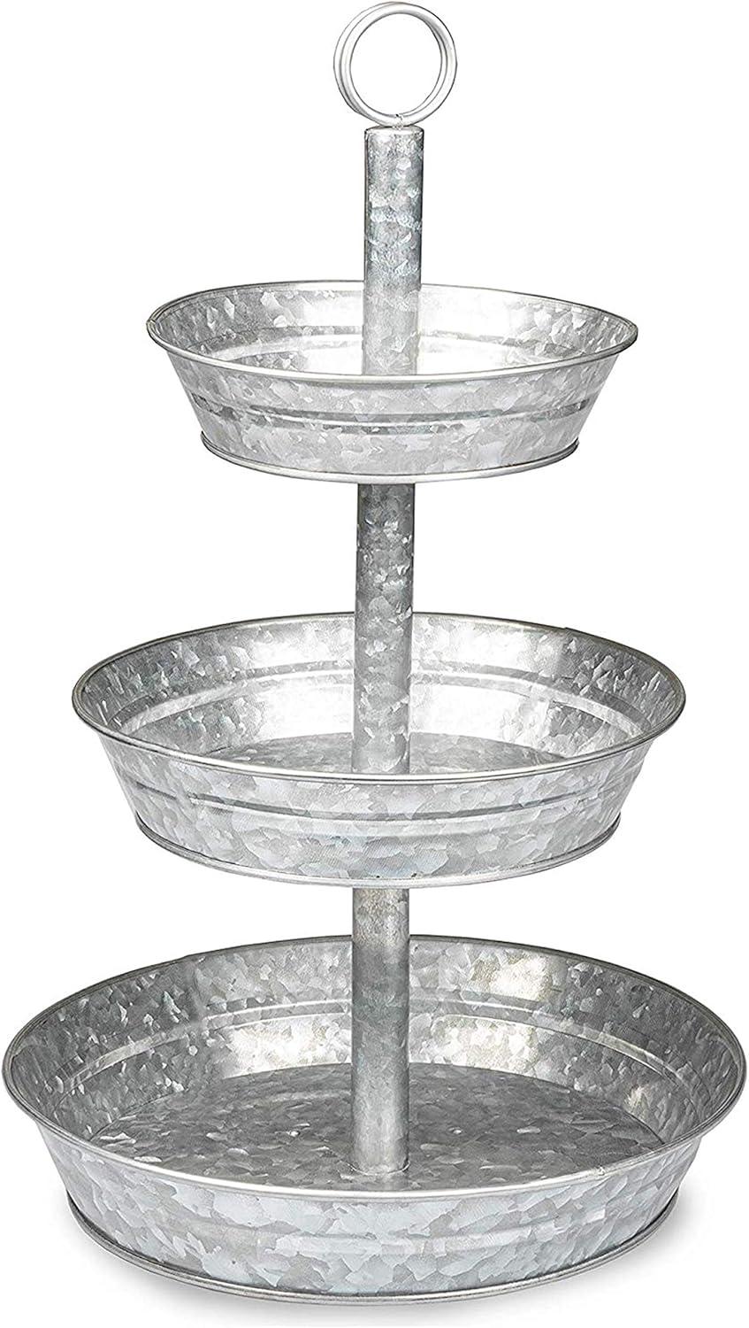 3 Tier Serving Tray - Galvanized, Rustic Metal Stand. Dessert, Cupcake, Fruit & Party Three Tiered Platter. Country Farmhouse Vintage Decor for The Kitchen, Home, Farm & Outdoor by Hallops